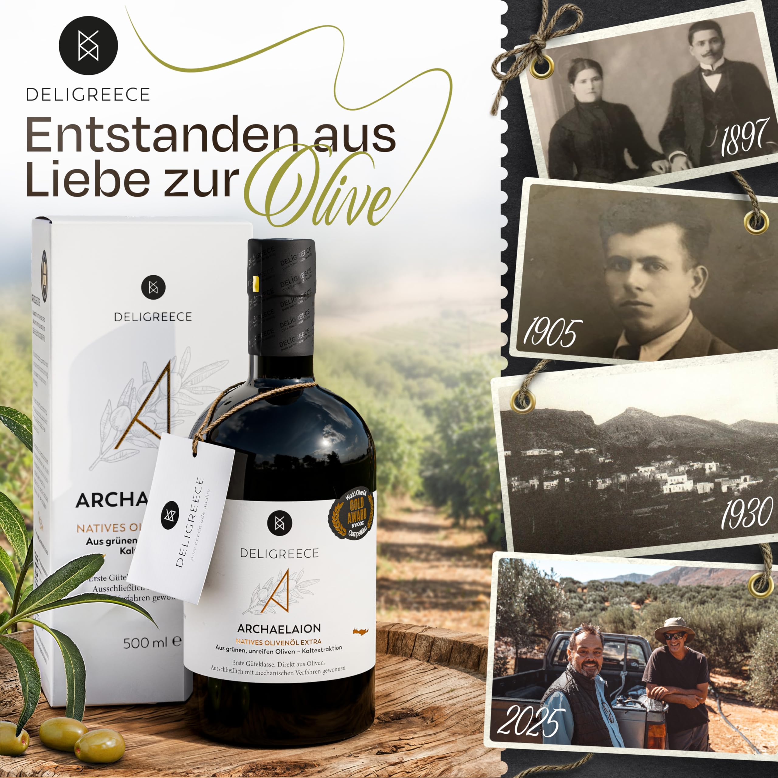 Deligreece Olivenöl | Seit 1890 traditionell hergestelltes Olivenöl von Kreta | Extra natives Oliven Öl aus unreifen Oliven | Ausgezeichnetes & limitiertes griechisches Öl | 500ml Flasche