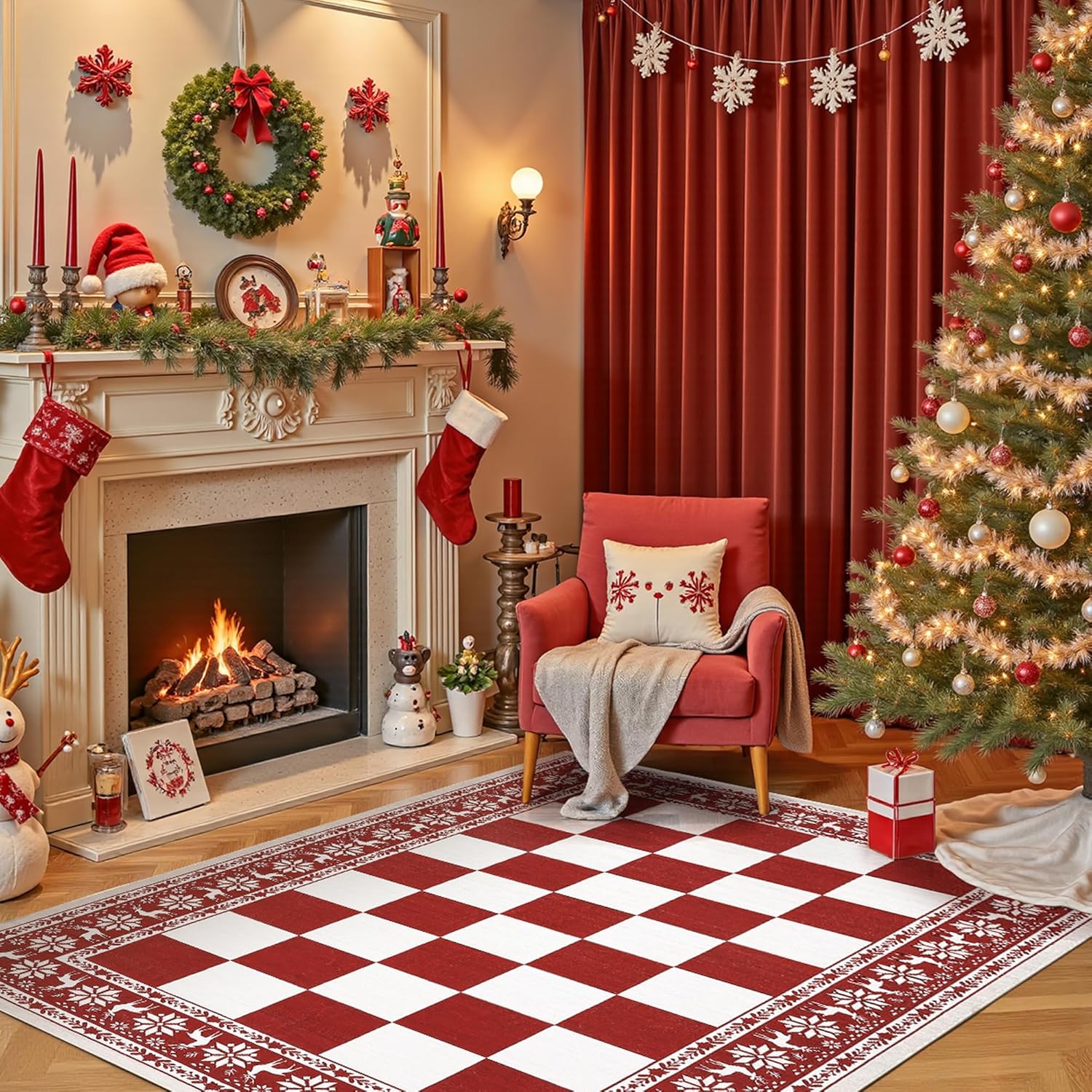 Garvee 5x7 Area Rugs for Living Room, Checkered Christmas Rugs for Holiday Decor, Non Slip Low Pile Washable Rug for Dining Room, Bedroom, Red