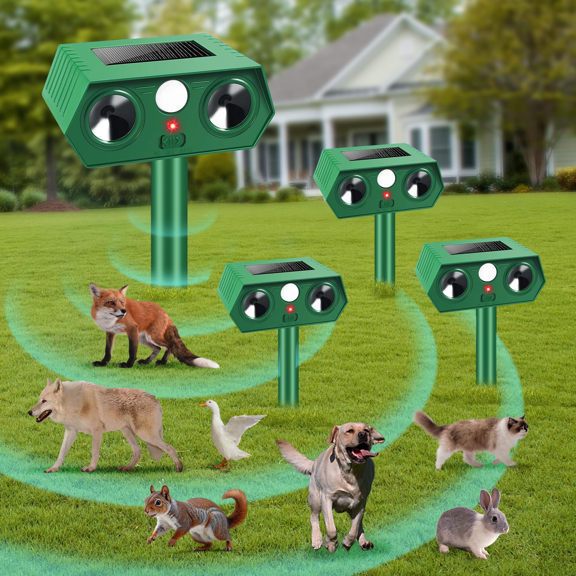 4 repelentes ultrasónicos de gatos para jardines del Reino Unido, repelente de animales alimentado por energía solar, repelente de plagas impermeable IP55 con 2 modos de sensor de movimiento y luz