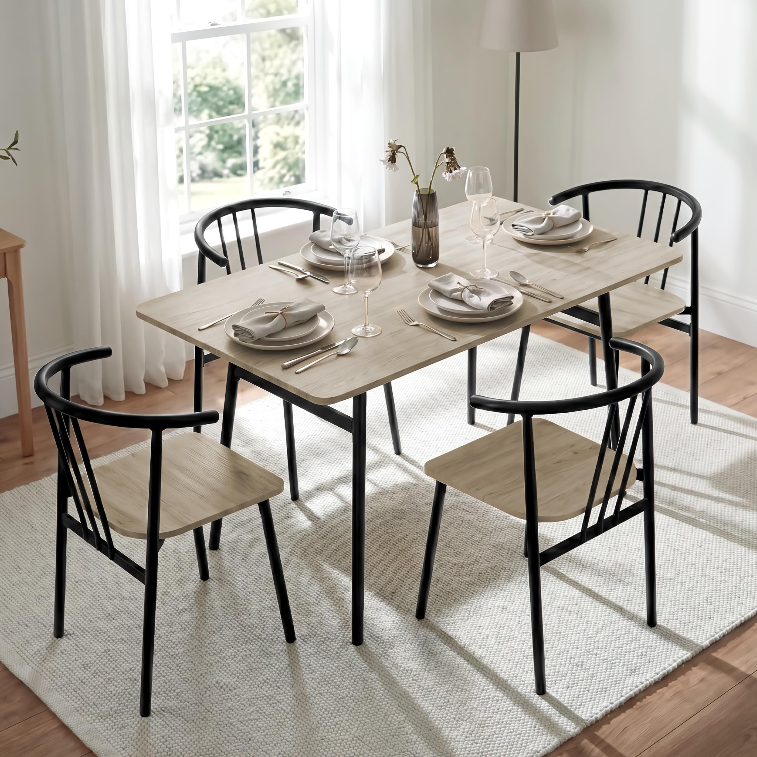 Blisswood 5 Piece Dining Table Set, Industrial Kitchen Table with 4 Chairs for Small Spaces, Space Saving Wooden Rectangular Dining Table with Metal Frame for Home Apartment, Dining Room, Black & Grey