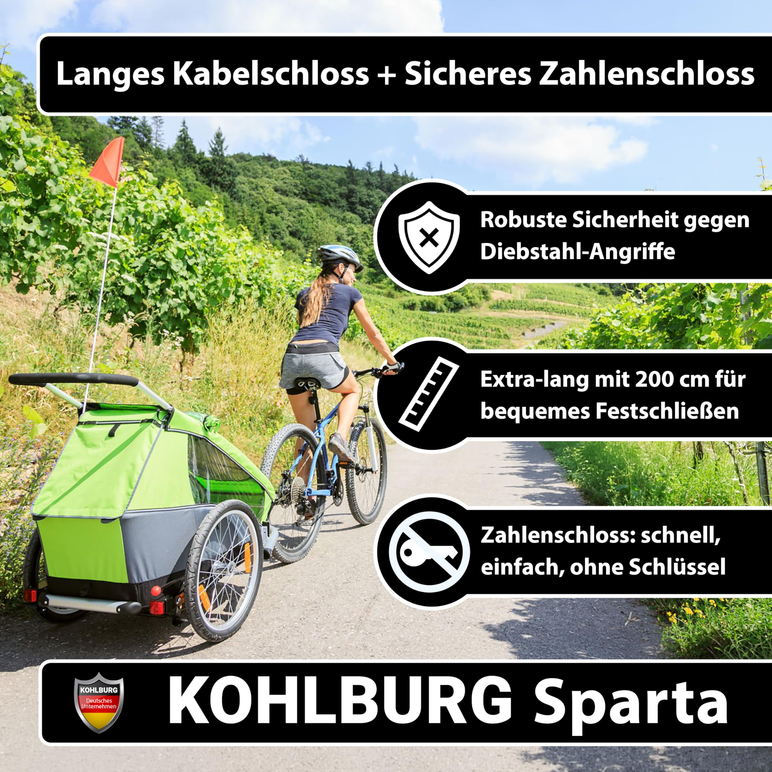KOHLBURG Kabelschloss 2 Meter lang mit Zahlenkombination - 200cm Zahlenschloss - Stahlseil Schloss mit Klettverschlüssen - Stahlkabel, mit Zahlencode für Fahrrad Gartenmöbel & Fahrradschloss
