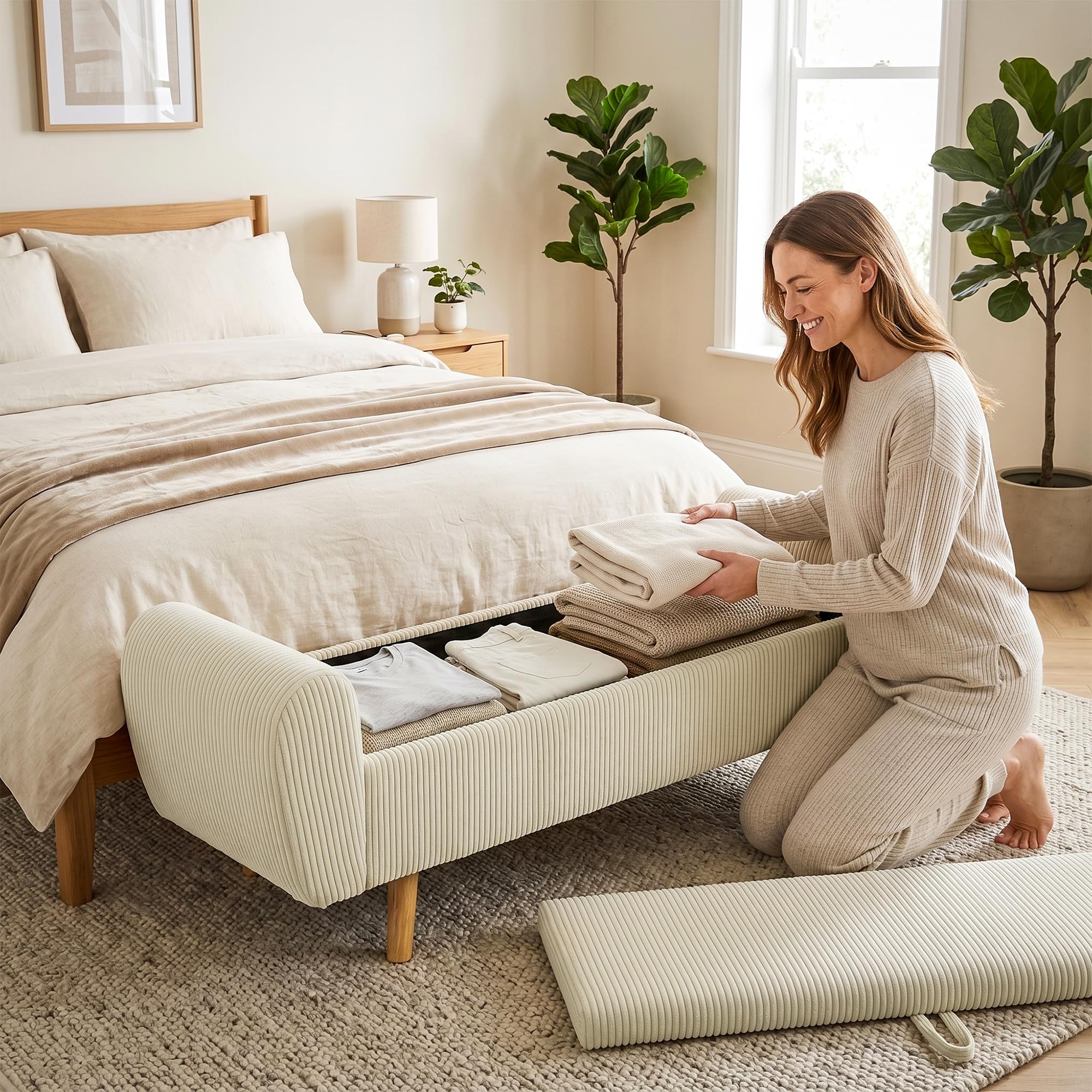 HOMCOM Banco Almacenaje 150 cm Puff Almacenaje Tapizado en Pana Beige | Banco Pie de Cama, Brazos Redondeados, Patas de Madera, Otomana para Dormitorio, Salón, Recibidor
