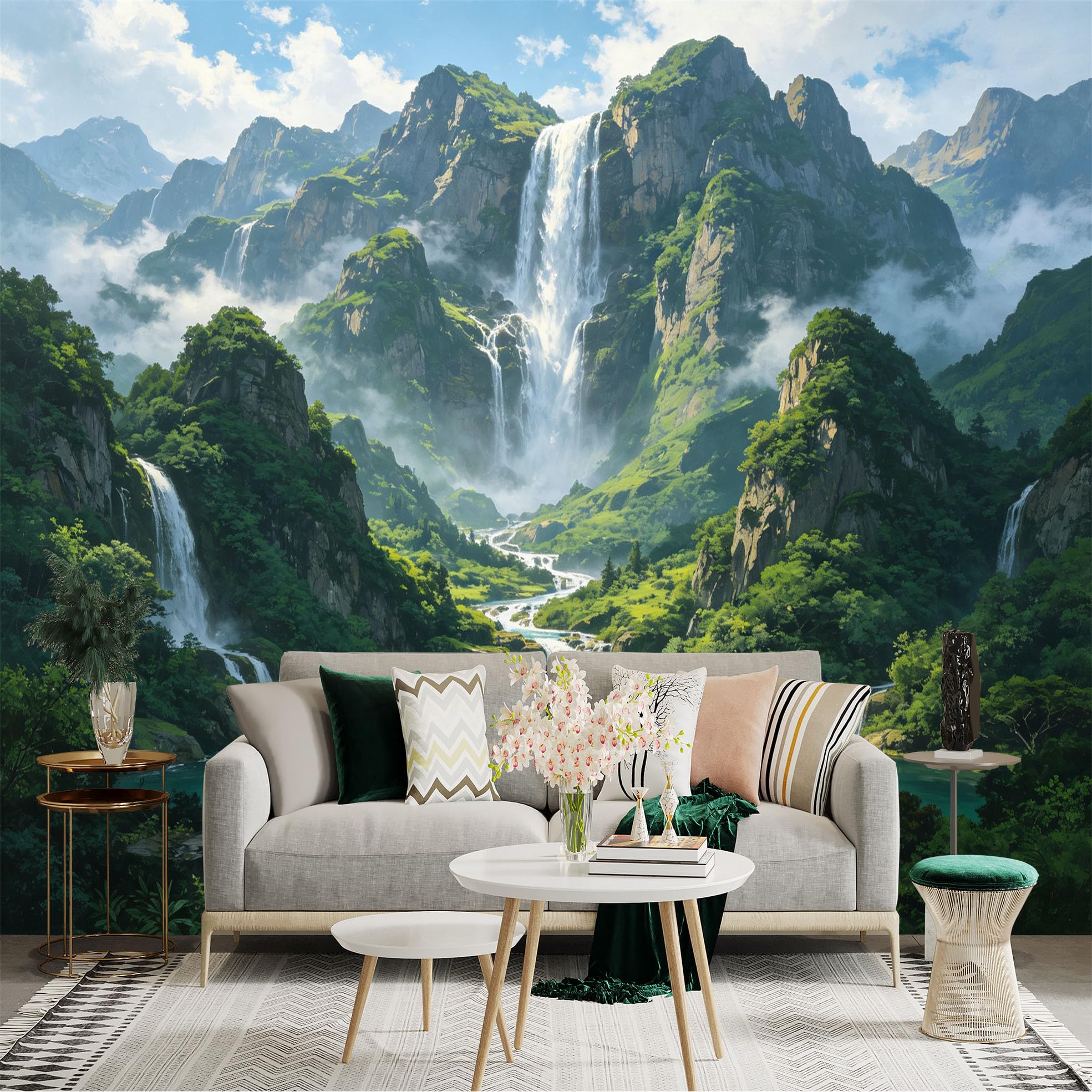 Custom Size Wall Sticker Mural， Majestic Waterfall and Misty Mountains， Lush Green Forest Landscape， Serene Lake View， for wall Decoration， peelandstick wall Decals.