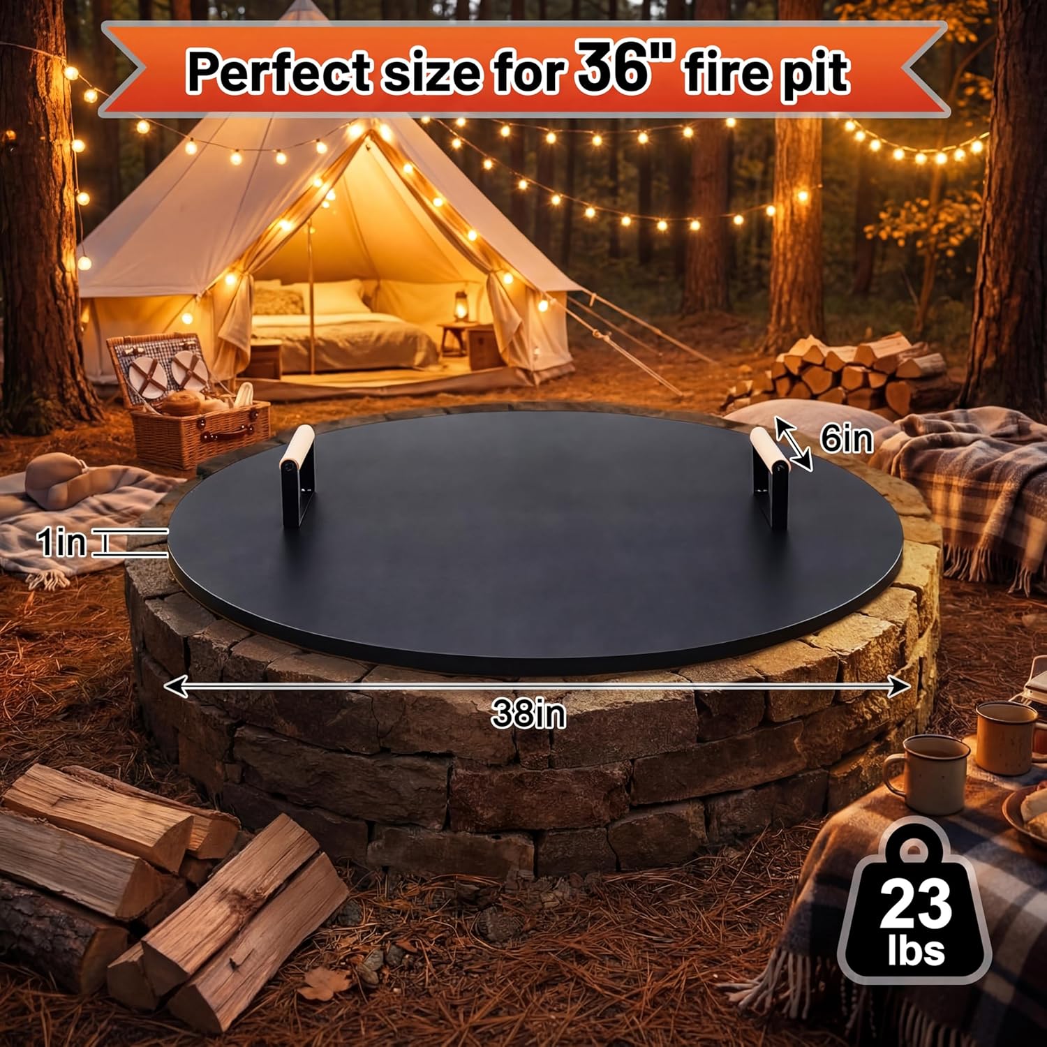 38 Inch Fire Pit Lid, Heavy Duty 1.5mm Thick Heavy Duty Steel Fire Pit Cover Lid with Handles, Outdoor Metal Cover, Weatherproof, Keep Dry & Clean(Black)