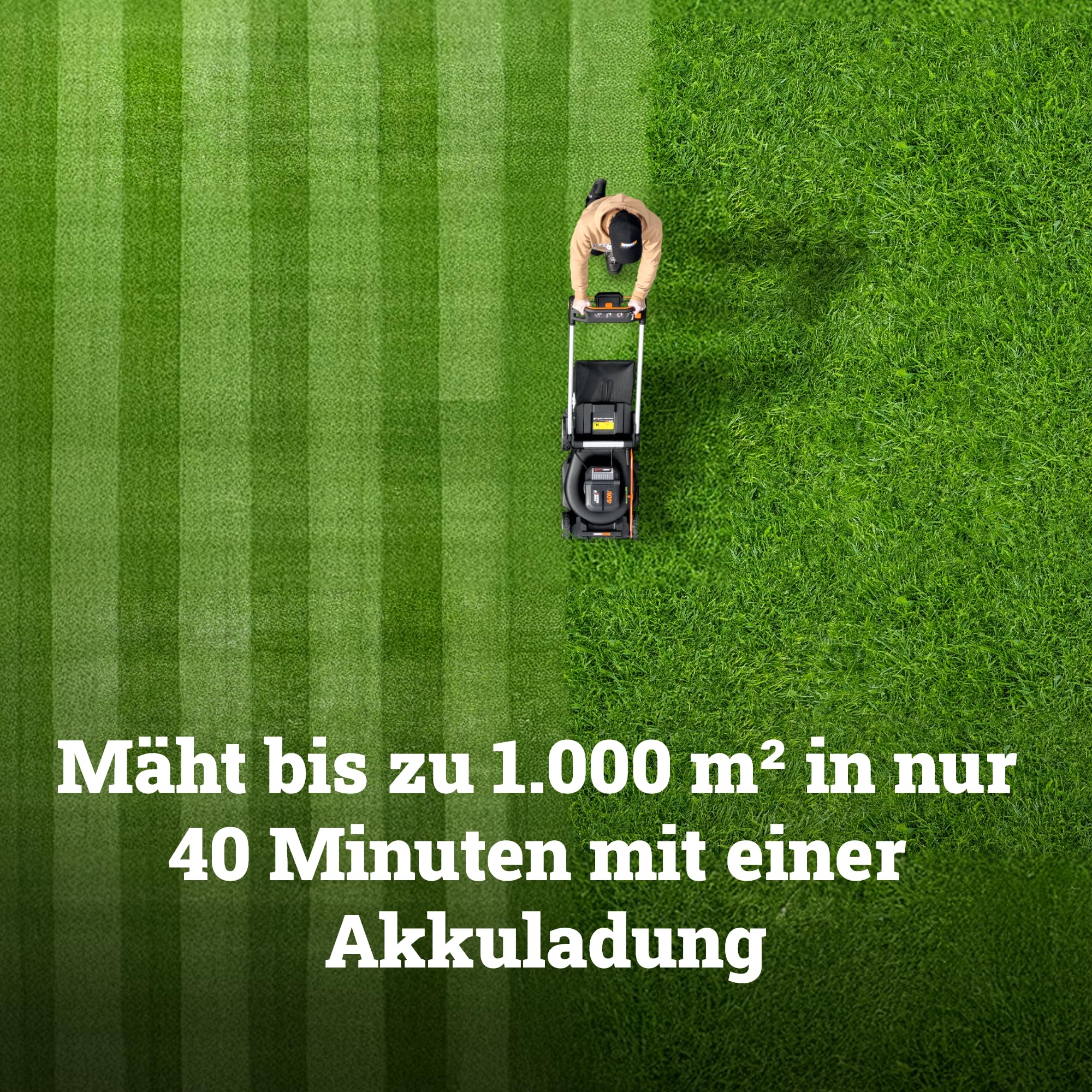 WORX WG760E 40V Akku-Rasenmäher 51cm, bis max.600 m², bürstenloser Motor, 80L Fangkorb, 7-fache Schnitthöhe, Selbstantrieb, IntelliCut & 3-in-1 Funktion, inkl. 2X 5.0Ah Akkus & Dual-Ladestation