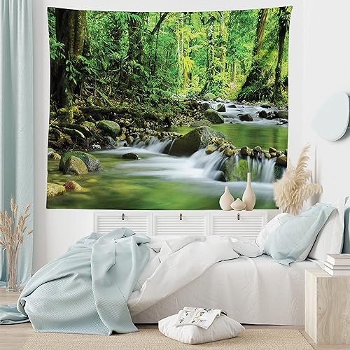 Miniatura 5 de Ambesonne Tapiz de selva tropical, tamaño King, arroyo de montaña en un bosque lluvioso tropical, escena silvestre, colcha colgante de pared,