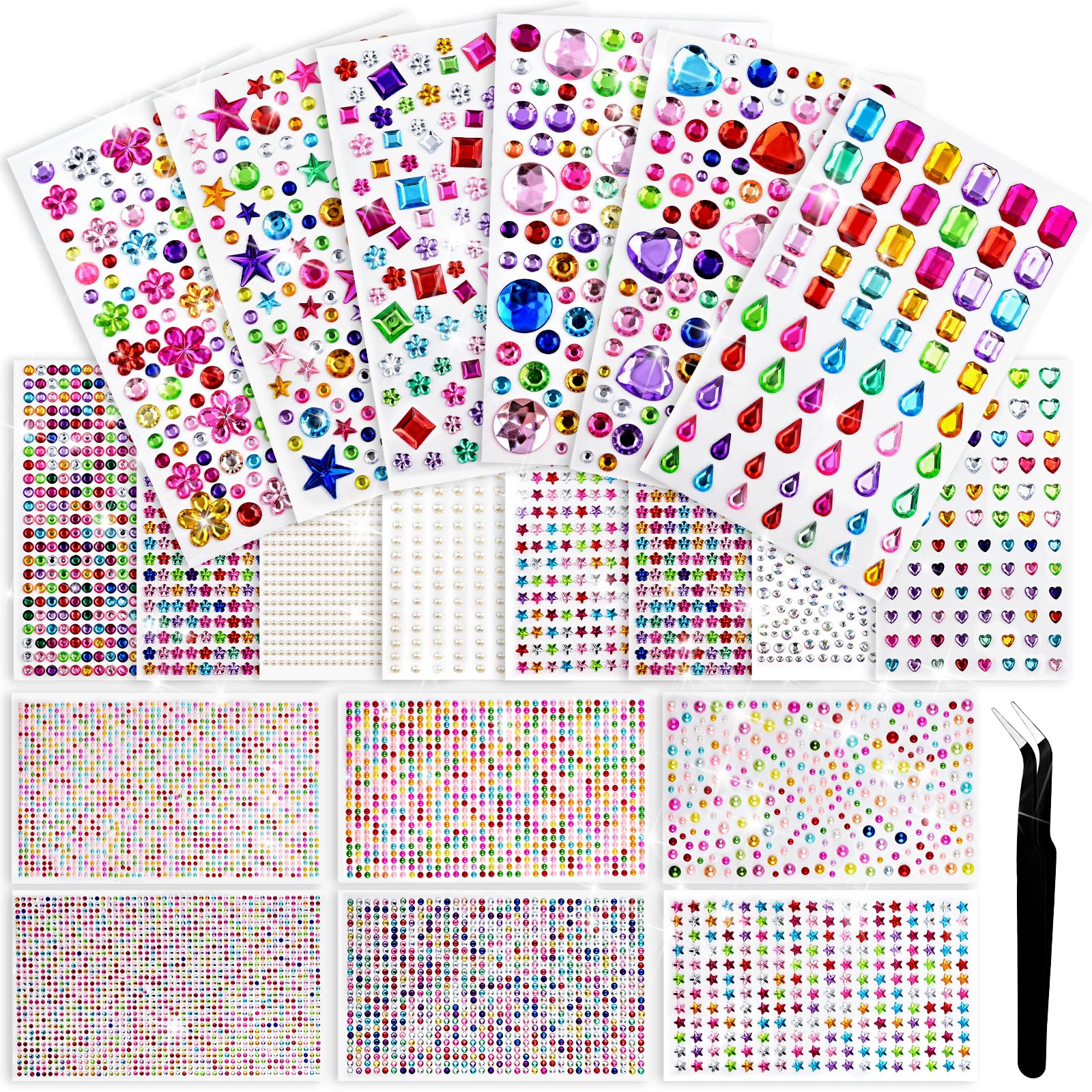 BOUBONI 8497 Pcs Gem Stickers Rhinestone Stickers Self-Adhesive Rhinestones Acrylic Gemstone Suitable for Children's Crafts Face Decorations Parties Holidays and Nail Art Includes A Clip