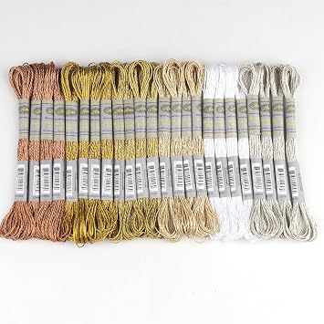 24 Skeins Set 6 Colors*4 Skeins Metallic Embroidery Floss Glittery Metal Effect Shinny Cross Stitch Thread for Hand Embroidery, Sewing and DIY Handmade Artwork Metallic Color