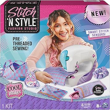 Cool Maker, Stitch ‘N Style Fashion Studio, Pre-Threaded Sewing Machine Toy with Fabric and Water Transfer Prints, Arts & Crafts Kids Toys for Girls