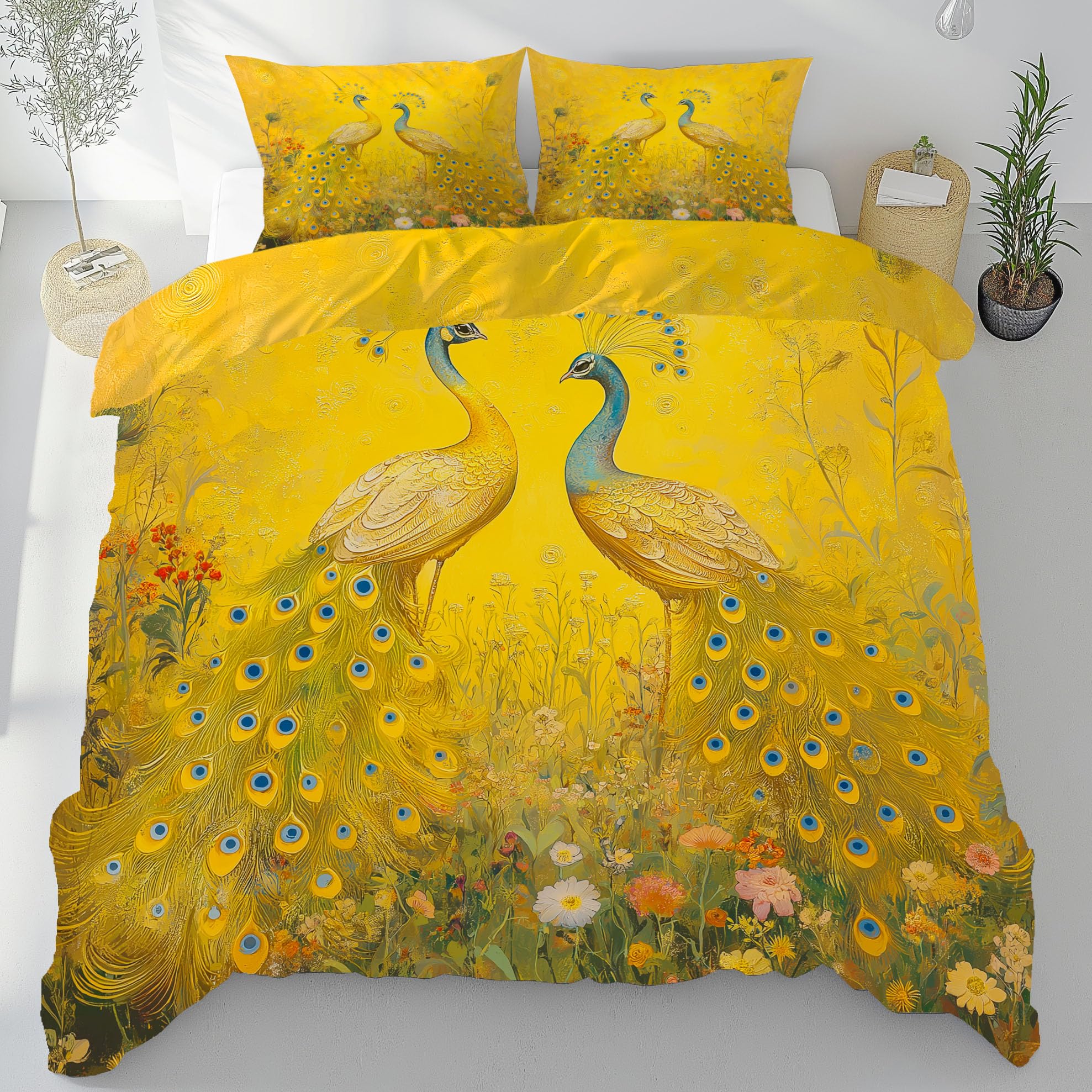 Housse de couette 240x260 anti-transpiration en microfibre respirante motif paon d'été