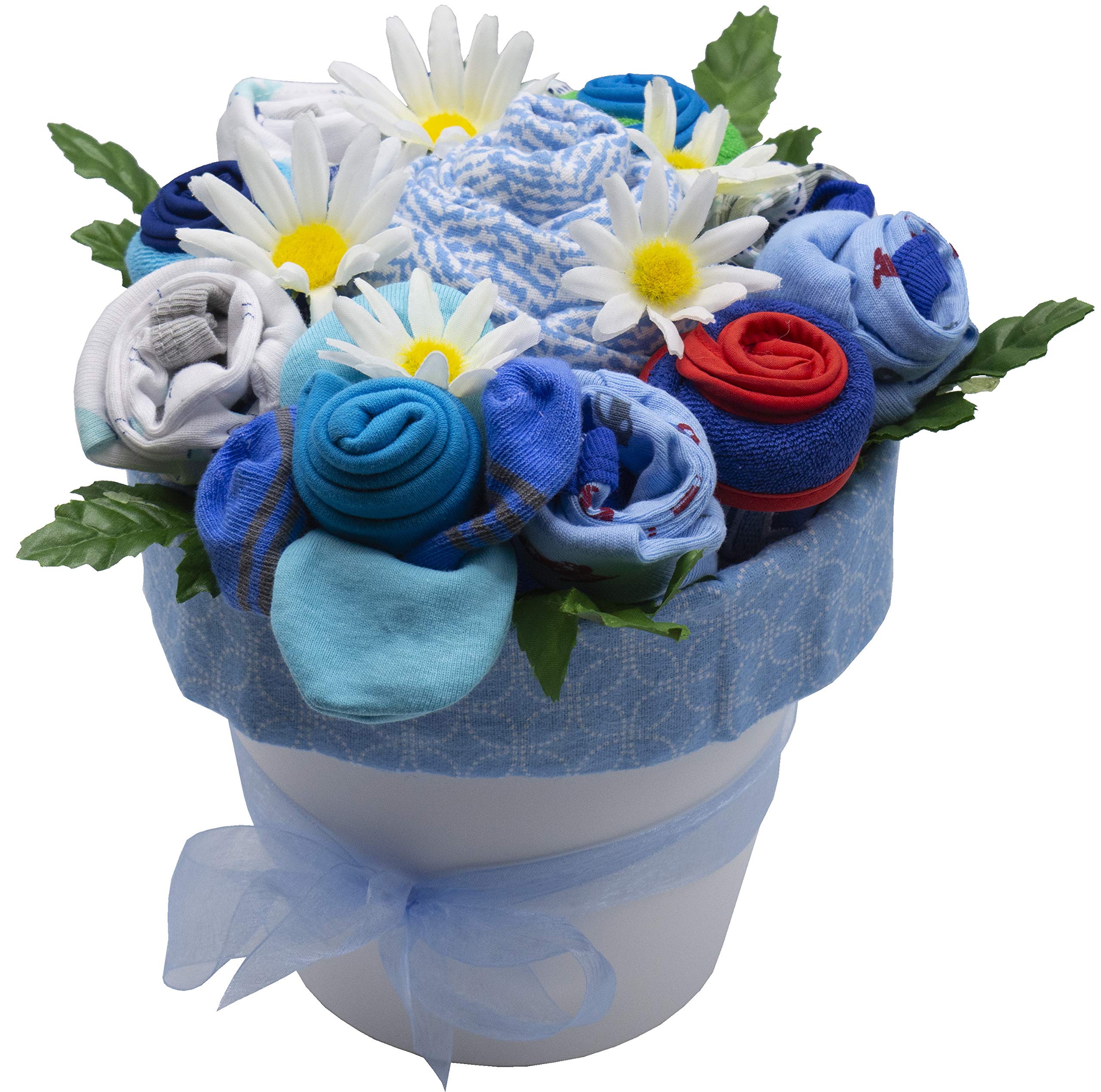 Nikki's Gift Baskets Baby Clothing Flower Bouquet, New Baby Boy Basket with Baby Clothing Arranged Like Celebration Flowers, Creative Unique Baby for New Parents