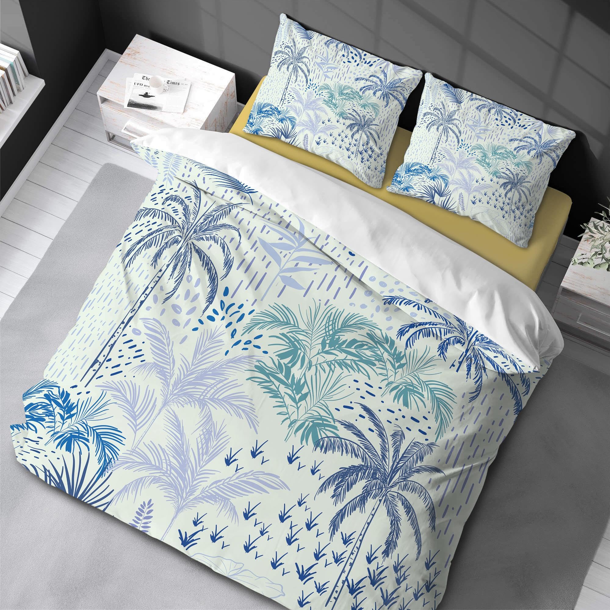 Housse de couette plage tropicale bleu vert 220x240cm avec 2 taies d'oreiller