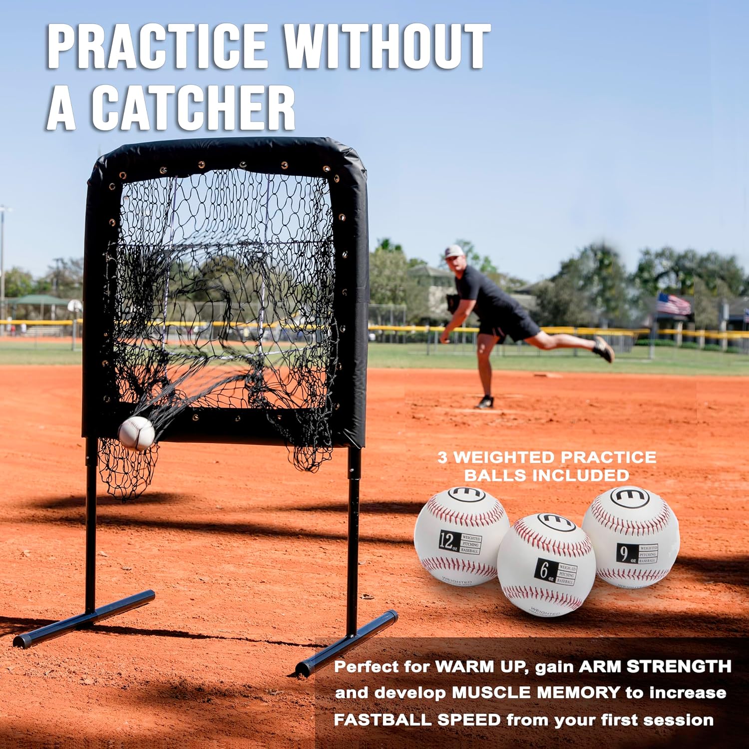 Pitch CTRL Pocket Pitching Net 9 Hole Pitching Target Strike Zone for Baseball & Softball Pitchers - Top Pitching Aid to Improve Accuracy, + 3 Weighted Practice Balls (6, 9, 12 oz)