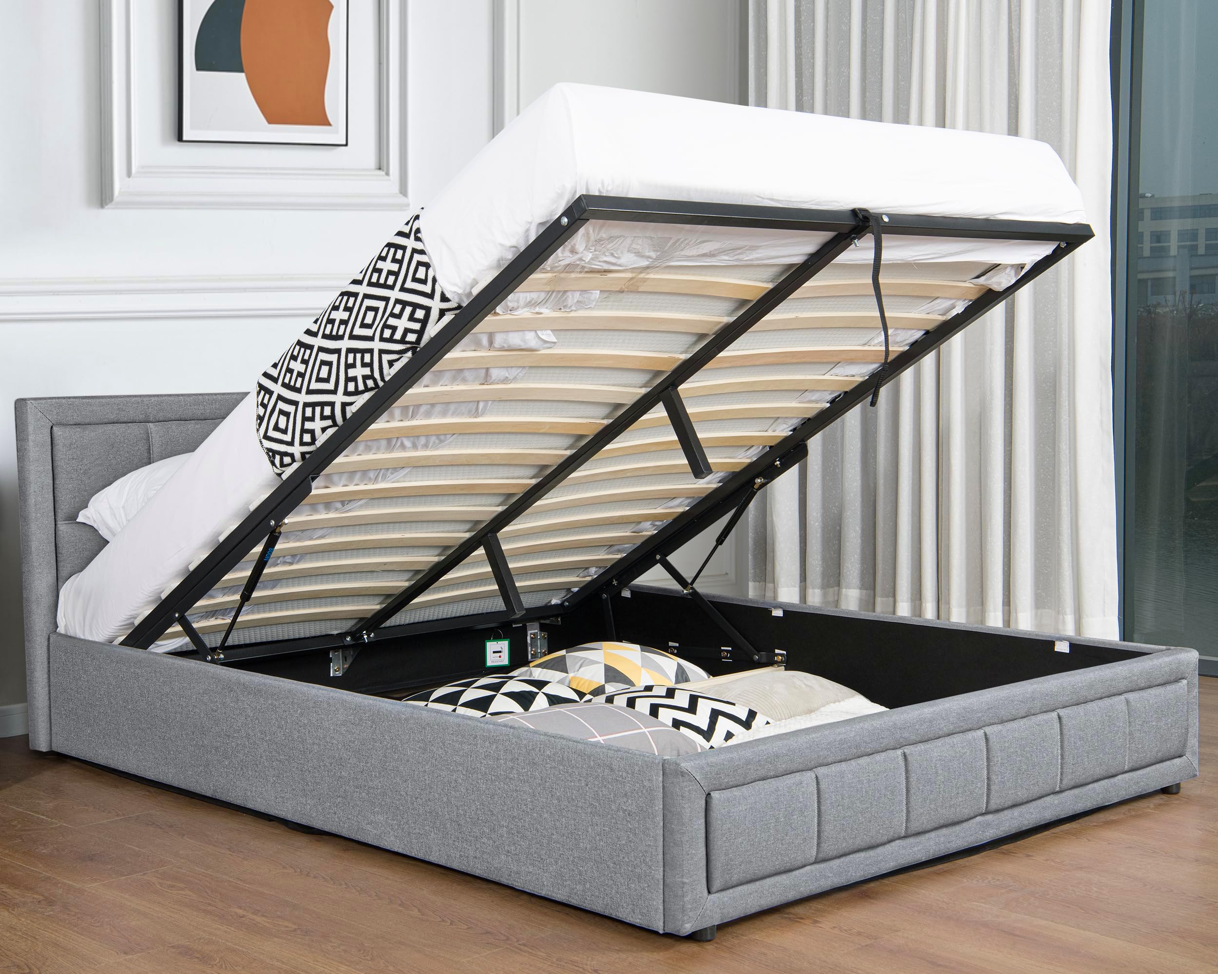 Ottoman 4ft6 Double Bed Frame, Upholstered Gas Lift Up Bed Frame With Storage, Ottoman Storage Bed With Gas Lift End Opening Wooden Slats, (4ft6 Grey Double145 x 204, No Mattress)