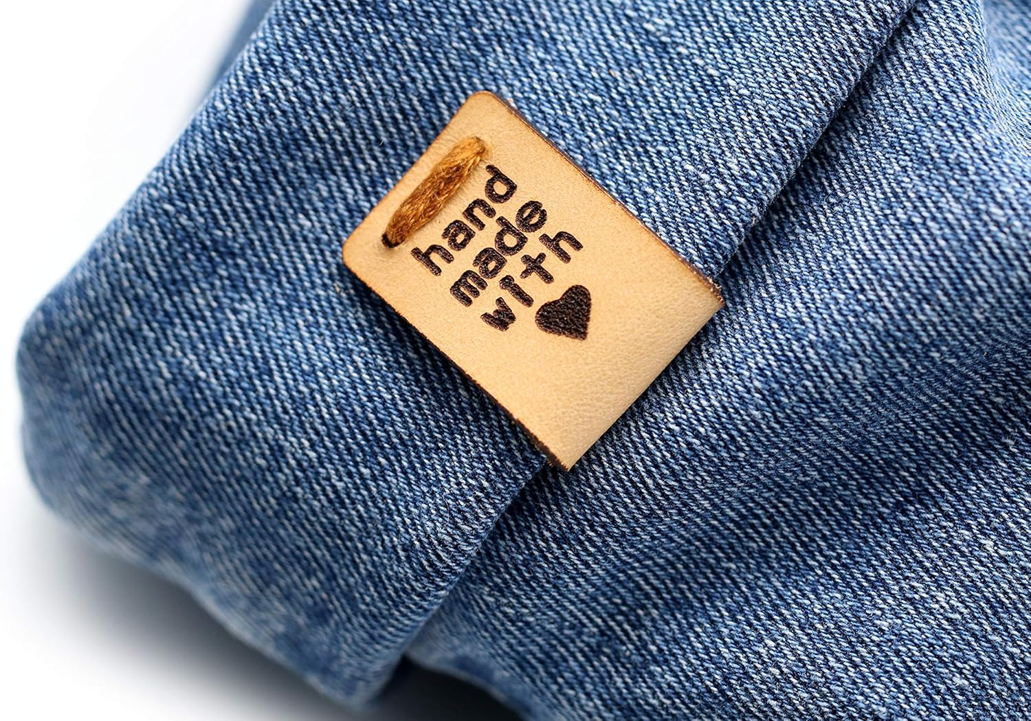 Folding Handmade Leather Labels HMI "Hand Made with Love" - Exclusive Engraved Genuine Italian Leather Tags (Standard Text - 30 Pieces)