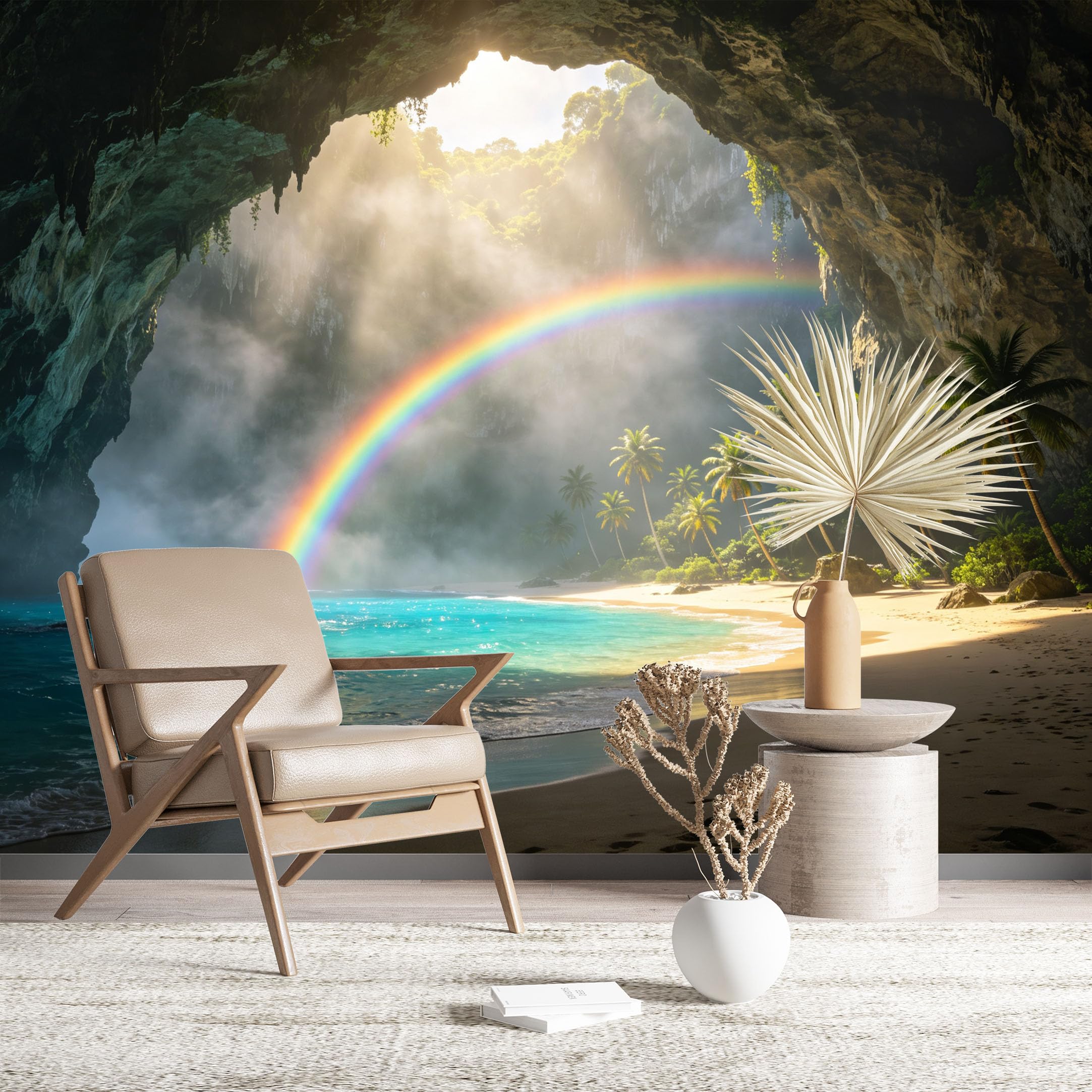Custom Size Wall Murals Tropical Beach Cave with Rainbow Wall Stickers Self-Adhesive Wall Fabric (NO PVC) Removable Wallpaper for Living Room