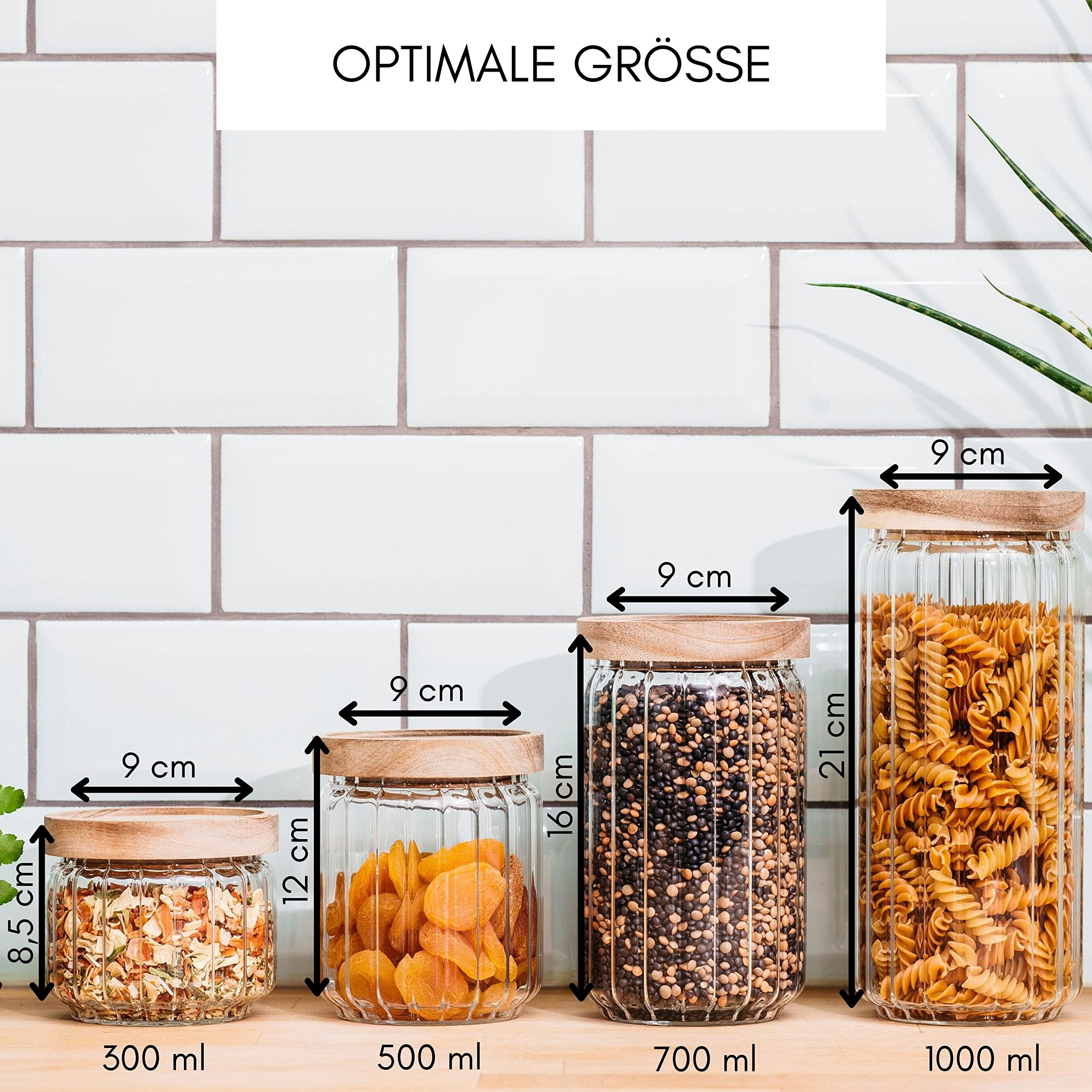 Econovo® Vorratsgläser geriffelt (300ml - 500ml - 700ml -1000ml | 4-tlg.), stapelbar und luftdicht, Vorratsbehälter mit Rillen Set, Vorratsdosen Glas-Behälter für Lebensmittel groß & klein