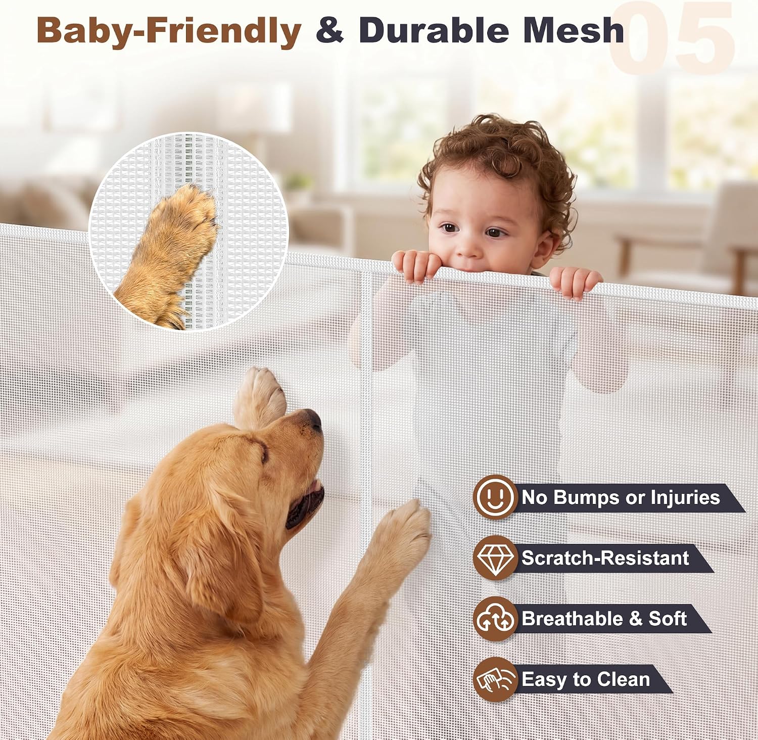 GRENFU Reinforced 120 Inch Extra Wide Retractable Baby Gate 33 Inch Tall, Retractable Dog Gate with Support Rods to Prevent Crawling Through, 10 FT Wide Retractable Gate for Indoor/Outdoor, White