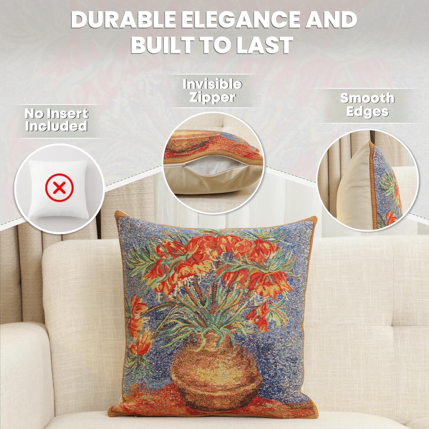Charlotte Home Furnishings Decorative Throw Pillow Cover 16X16 in, Tapestry Pillow Cases for Couch and Living Room, Fritillaries Home Decor Cushion Cases, Soft European Cotton Jacquard Woven