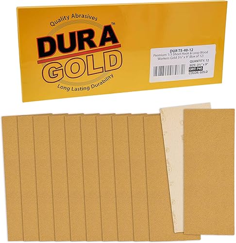Dura-Gold Hojas de papel de lija dorado de 13 hojas, grano 40 (caja de 12)  3-23 x 9 pulgadas, soporte de gancho y bucle de tamaño de 3-23 x 9