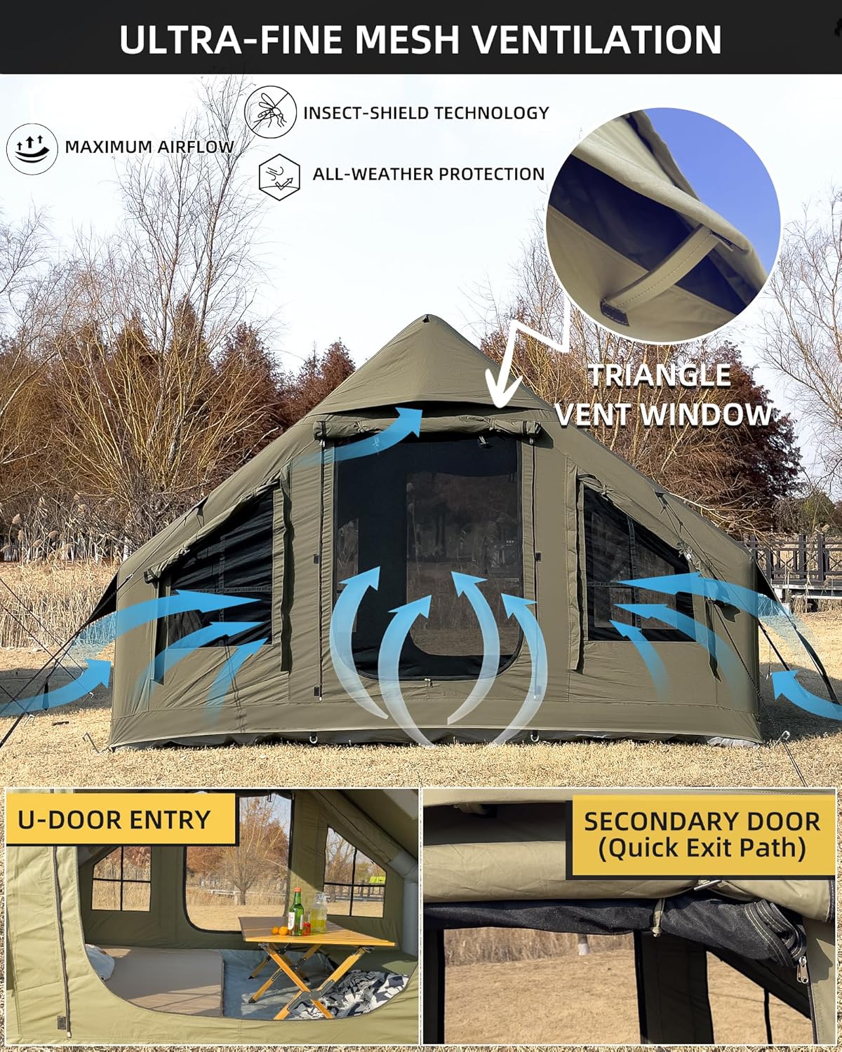 Cotton Inflatable Camping Tent, 2-4 Person, Windproof Glamping Design with Skylight, Instant Setup (2~4person(10.2'L X 8'W X 7'H)-Green)