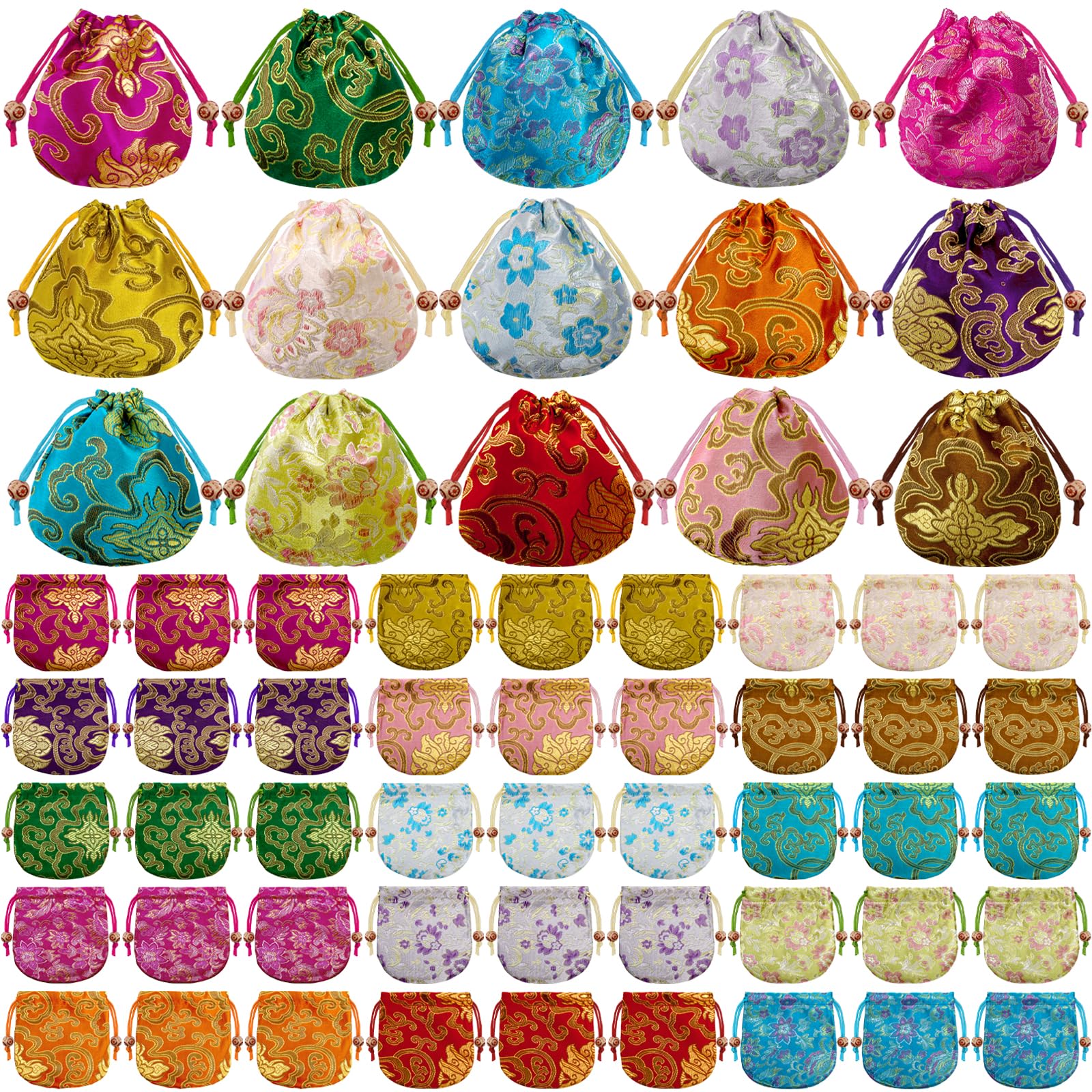 ZOOFOX 60 Pieces Silk Brocade Jewelry Bags Bulk, Small Fabric Gift Bags with Drawstring, Jewelry Gift Pouches for Wedding Christmas Party