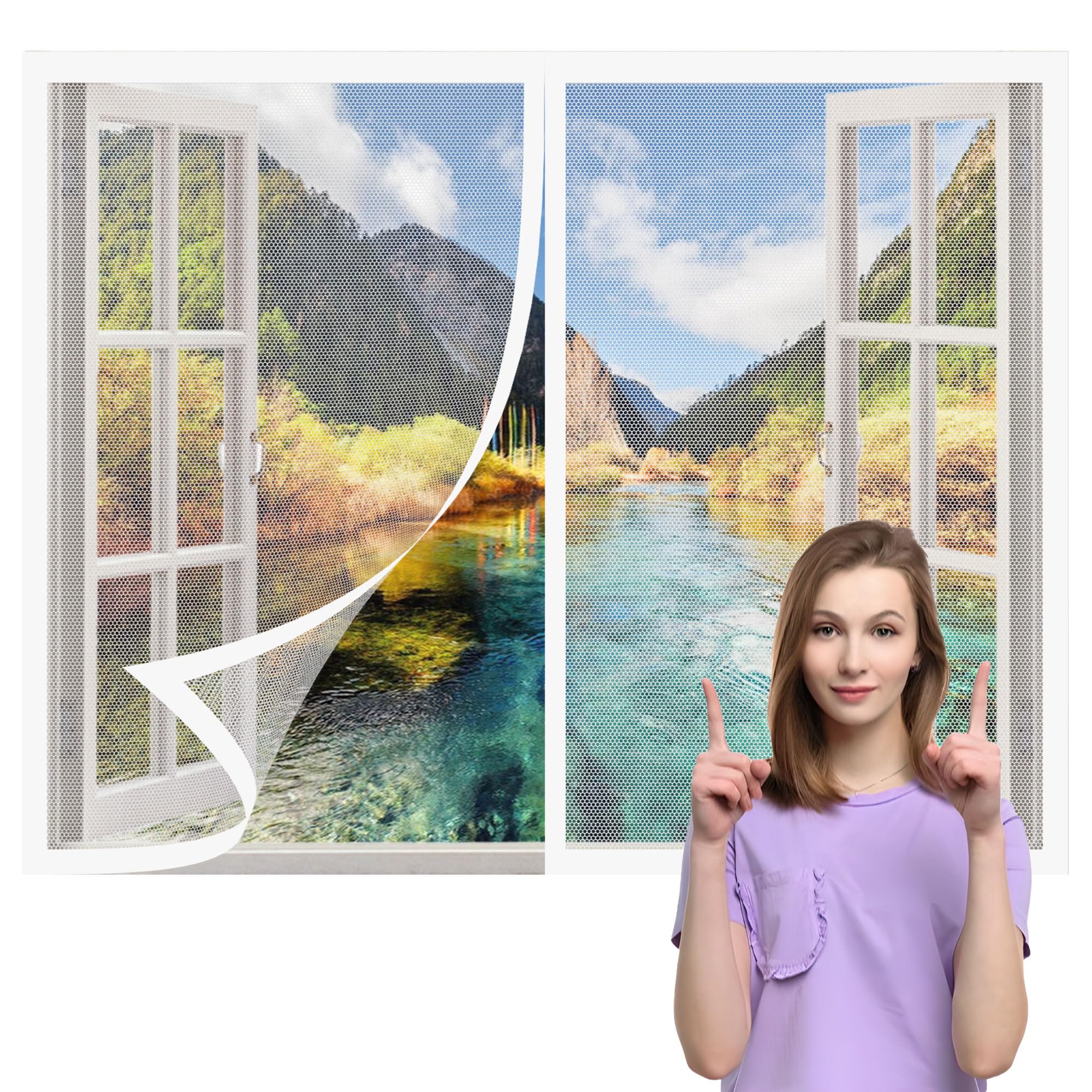Magnetic Fly Screens Windows 160 x 130 cm Selfadhesive Tape Fly Bug Bee Protection Screen Easy Install for Window, Bedroom, Living Room, Kitchen Patio Window, White