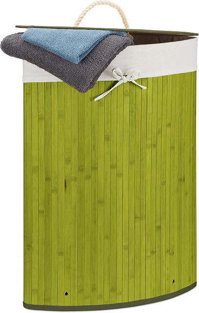 Relaxdays Bamboo Corner Basket, 65 x 49.5 x 37 cm, 64L, Folding Hamper with Laundry Sack, Green