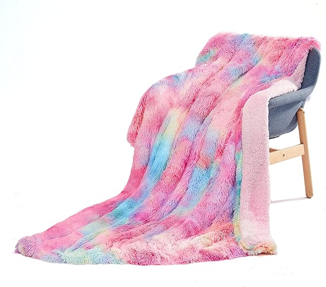 Blanket, Rainbow Blanket, Fluffy Blanket 130x160cm, Ultra Warm and Thick Rainbow Blanket, Living Blanket, Soft and Comfortable Throw, Wool Faux Fur Throw Blanket, Sofa Blanket, Wool Blanket, Bedspread