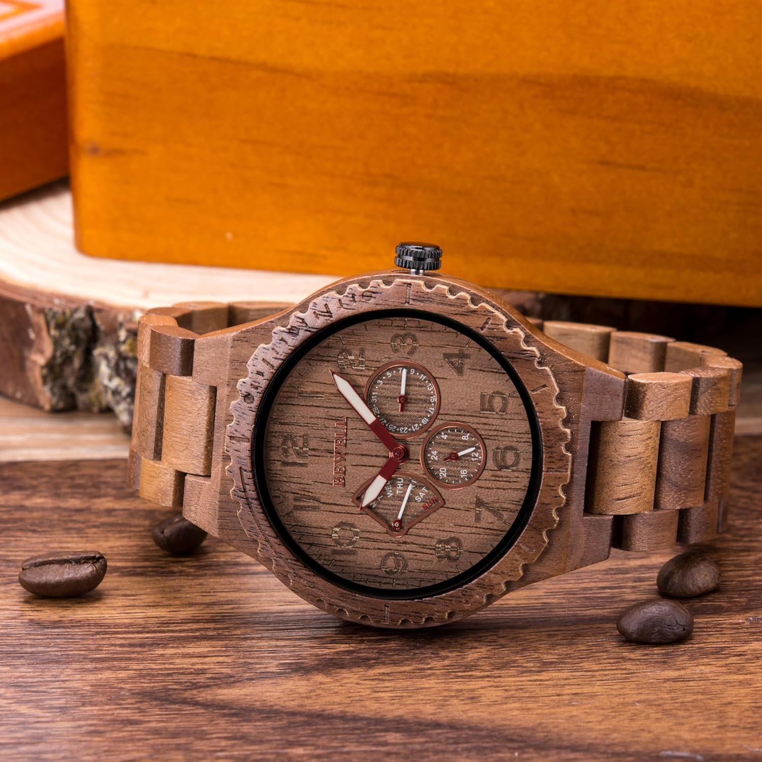 BEWELL Wood Watches for Men Analog Quartz Date Retro Handcraft Lightweight Wooden Wristwatch W154A