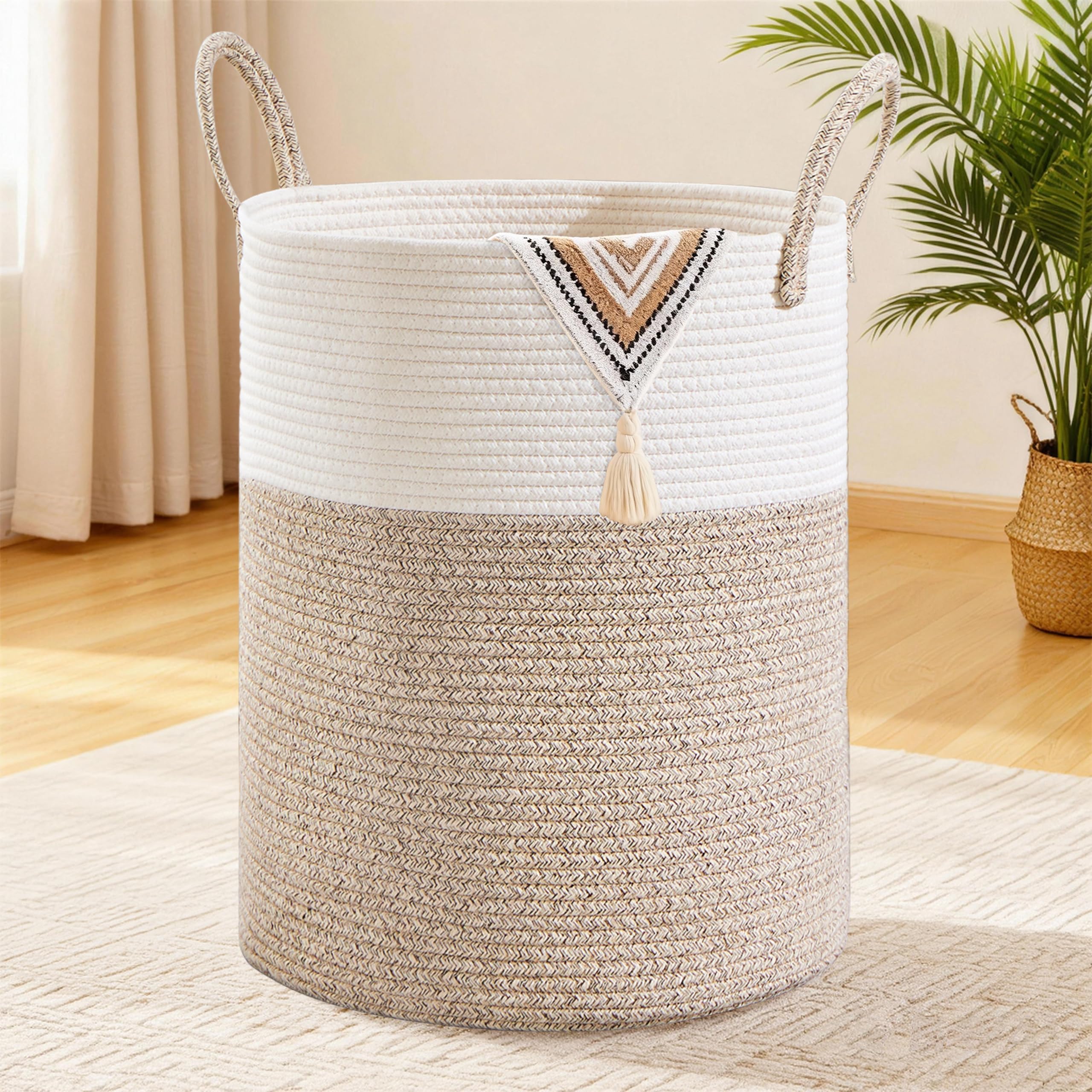Wäschekorb,Aufbewahrungskorb,Geflochten Korb,100L Groß xxl Rund Wäschesammler mit Baumwoll Henkel für Kinderzimmer,Korb für Decken und Spielzeug für Wohnzimmer oder Waschraum,Braun & Weiß
