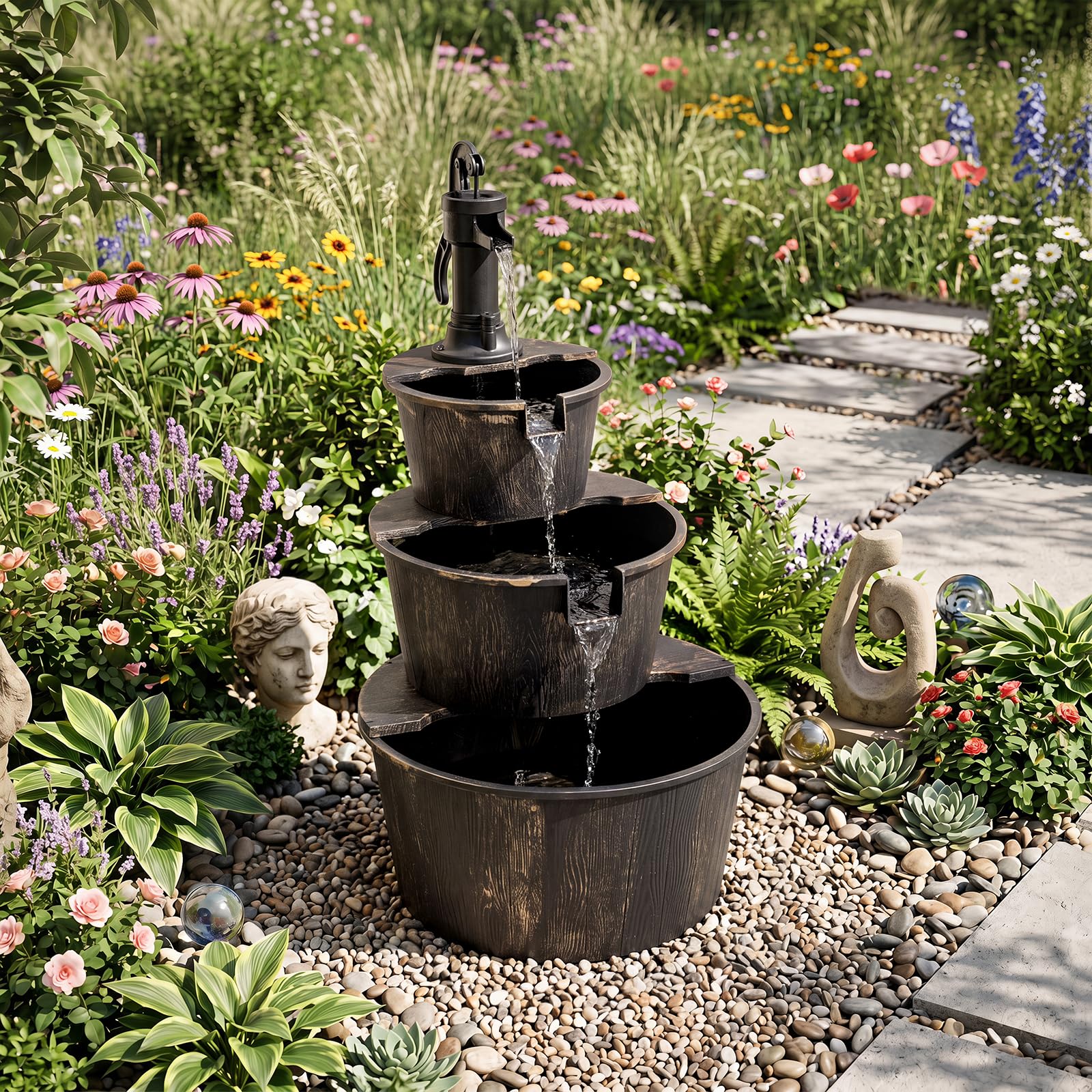 COSTWAY Fontaine de Jardin à 3 Niveaux en Baril avec Pompe Réglable