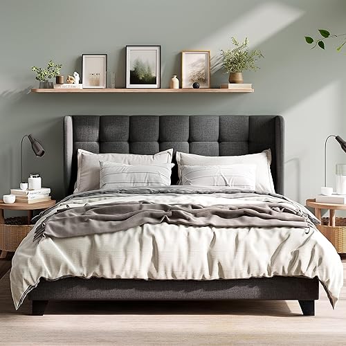 Miniatura 3 de MUTICOR Base de cama tamaño Queen con cabecera de ala, diseño cosido cuadrado, soporte de listones de madera, fácil montaje, gris oscuro Gris