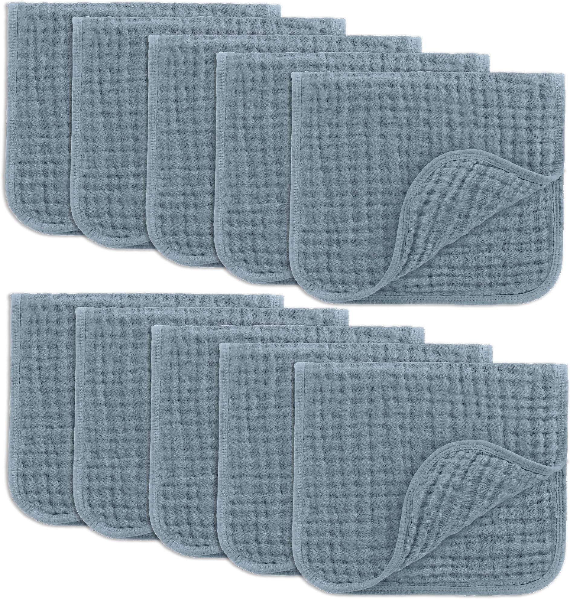 Comfy Cubs Muslin Burp Cloths 20" x 10", Pack of 10 - Large, 6-Layer, Ultra Absorbent 100% Cotton for Baby Drool and Messes - Soft, Safe & Gentle Baby Burp Cloths for Boys & Girls - Pacific Blue