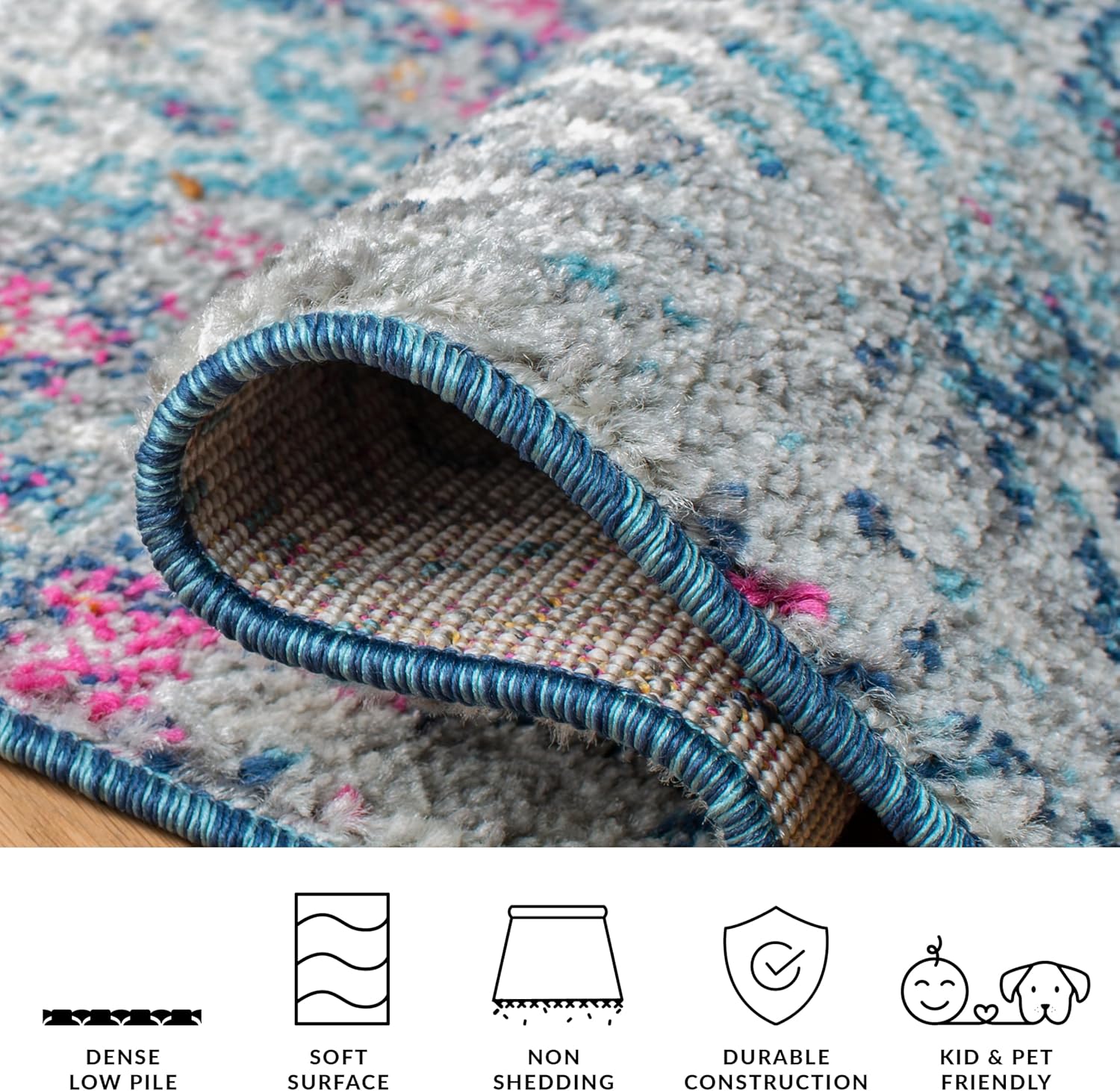 SAFAVIEH Madison Collection Accent Rug - 2'3" x 4', Denim Blue & Purple, Boho Chic Design, Non-Shedding & Easy Care, Ideal for High Traffic Areas in Entryway, Living Room, Bedroom (MAD797K)