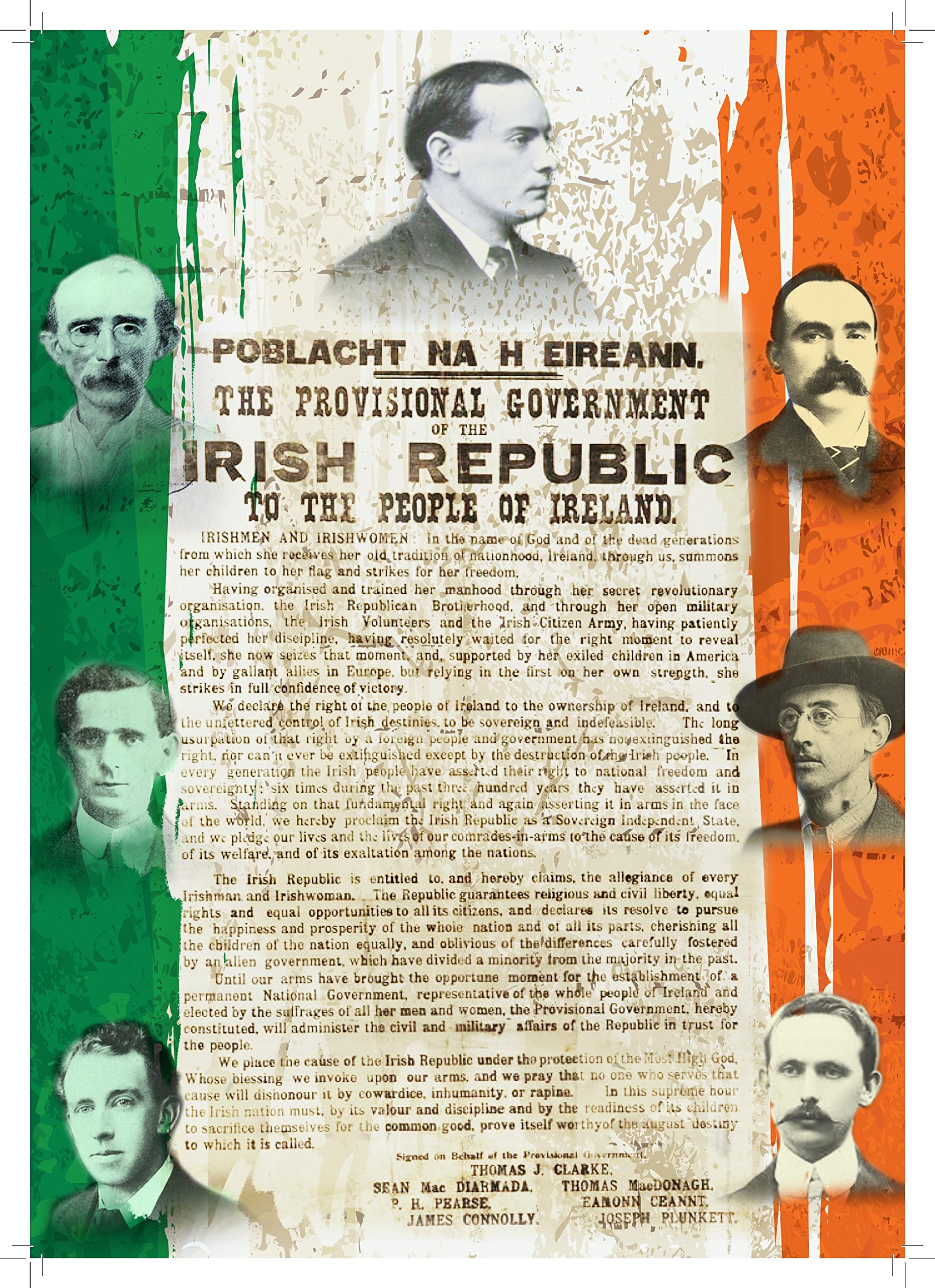Irish Leaders and The Proclamation of the Irish Republic with Irish Flag - POBLACHT NA H EIREANN A4 Poster