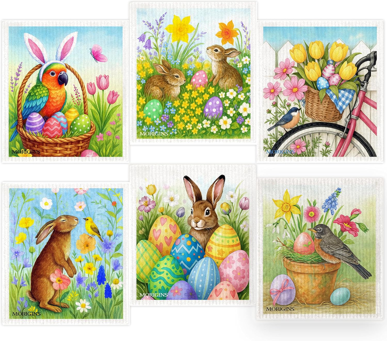 Morigins Easter Eggs Bunny Swedish Dishcloths Reusable Absorbent Towels Ideal for Kitchens, Bathrooms, and Countertop Cleaning Cellulose Sponge Cloths for Kitchen Bathroom Office6pack 7x8 inch