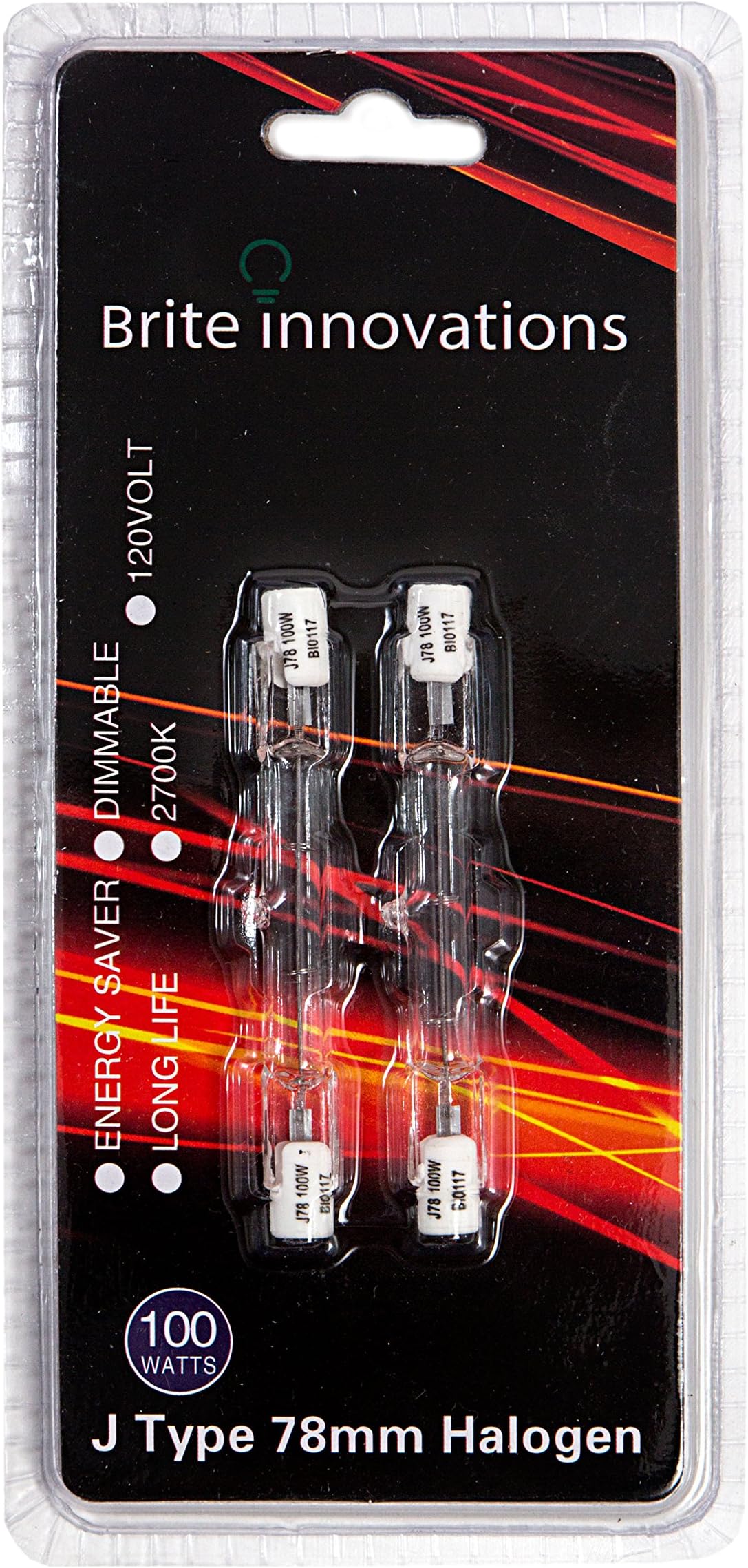 Double Ended J Type Halogen Bulbs - 78mm, 100 Watts, 120 Volts, 2700K Warm White Light – Dimmable, Energy Saver, Long Life – 2 Pack – by Brite Innovations