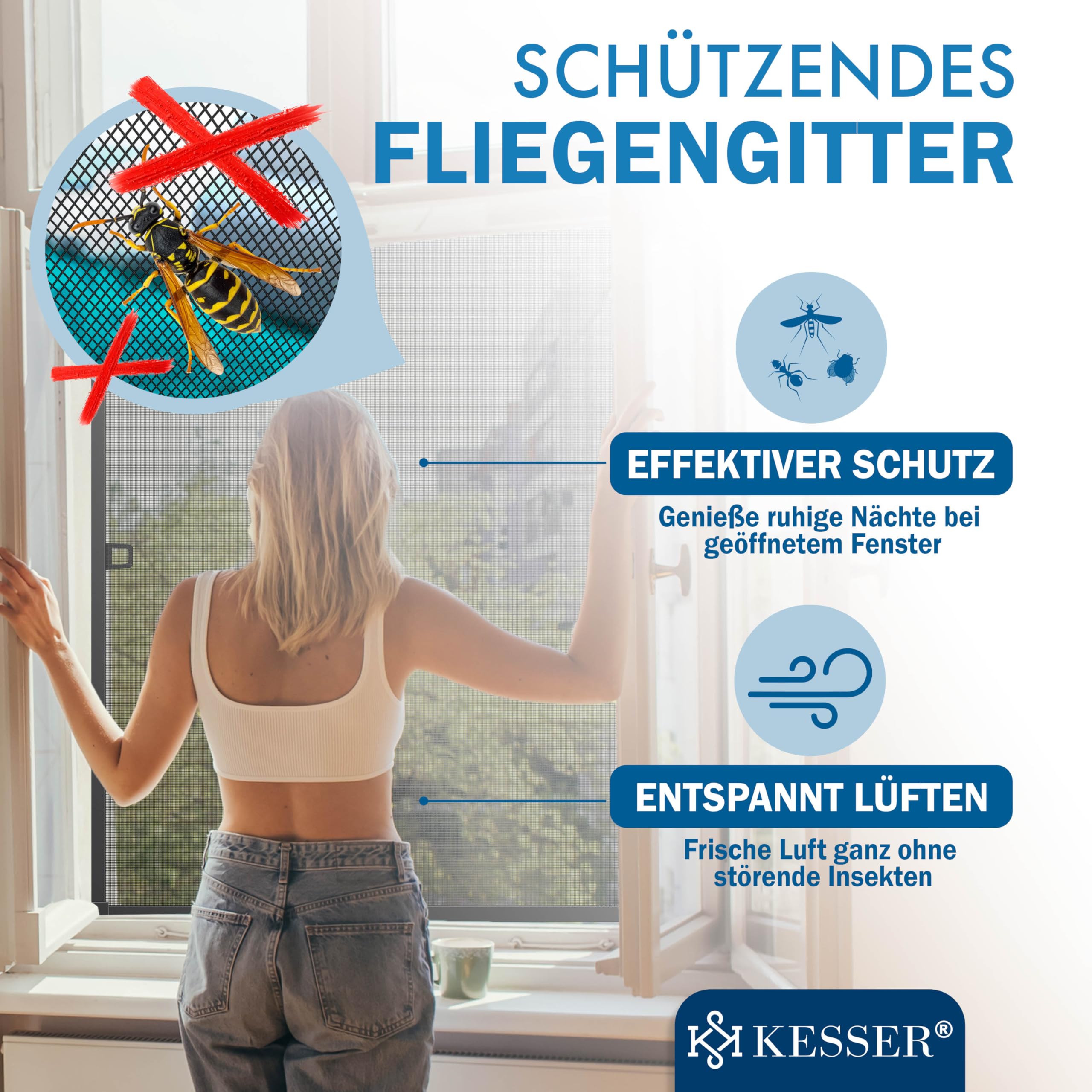 KESSER® - Mosquitera para ventana (110 x 130 cm, protección contra mosquitos con marco de aluminio, mosquitero enrollado sin taladrar, protección contra insectos, mosquitera para ventana