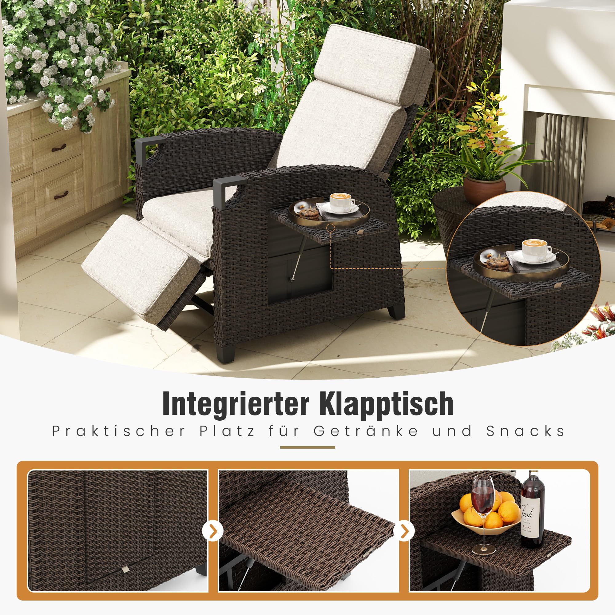 Amopatio Relaxliege Liegesessel, Rattan Sonnenliege mit Verstellbar Rückenlehne und Klapptisch, Outdoor Gartensessel wetterfestes, für Terrasse, Garten, Balkon, Beige Sitzkissen & Dunkelbraun Rattan