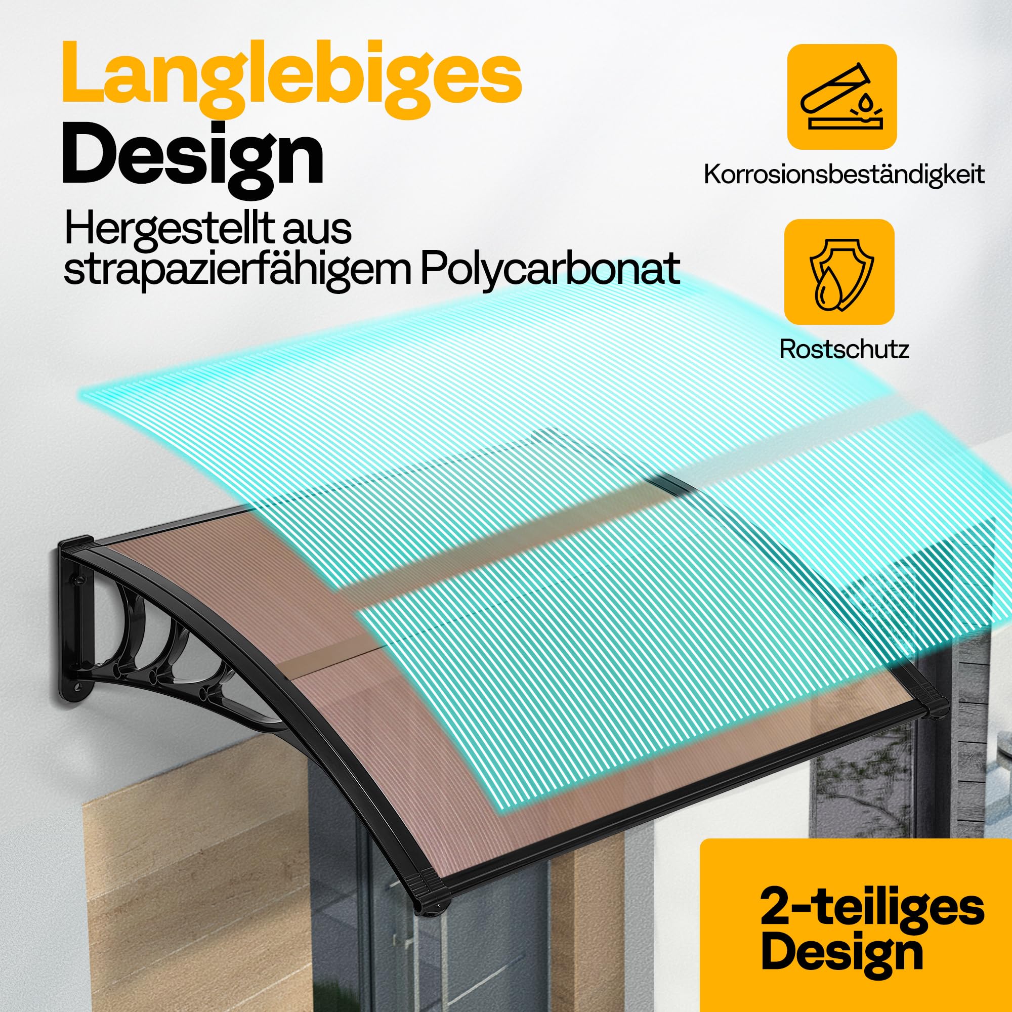 VIVOHOME Vordach für Haustür Fenster Markise 300×100cm Polycarbonat gespleißte Überdachung braun Pultbogenvordach mit schwarzer Halterung für Sonnenschutz und Regenschutz