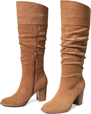 MeiLuSi Womens Slouchy Knee High Boots Suede Fall Boots 2026 Round Toe Chunky Heel Shoes Warm Winter Outdoor Party Dressy Side Zipper