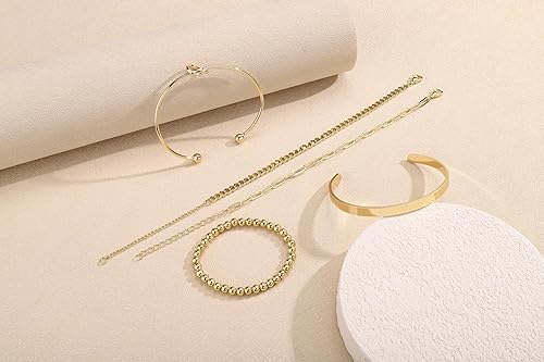 Miniatura 6 de PiercingJ Juego de pulseras apilables para mujer, delicadas pulseras de eslabones cubanos con cadena de cuentas doradas, clip de papel en capas,