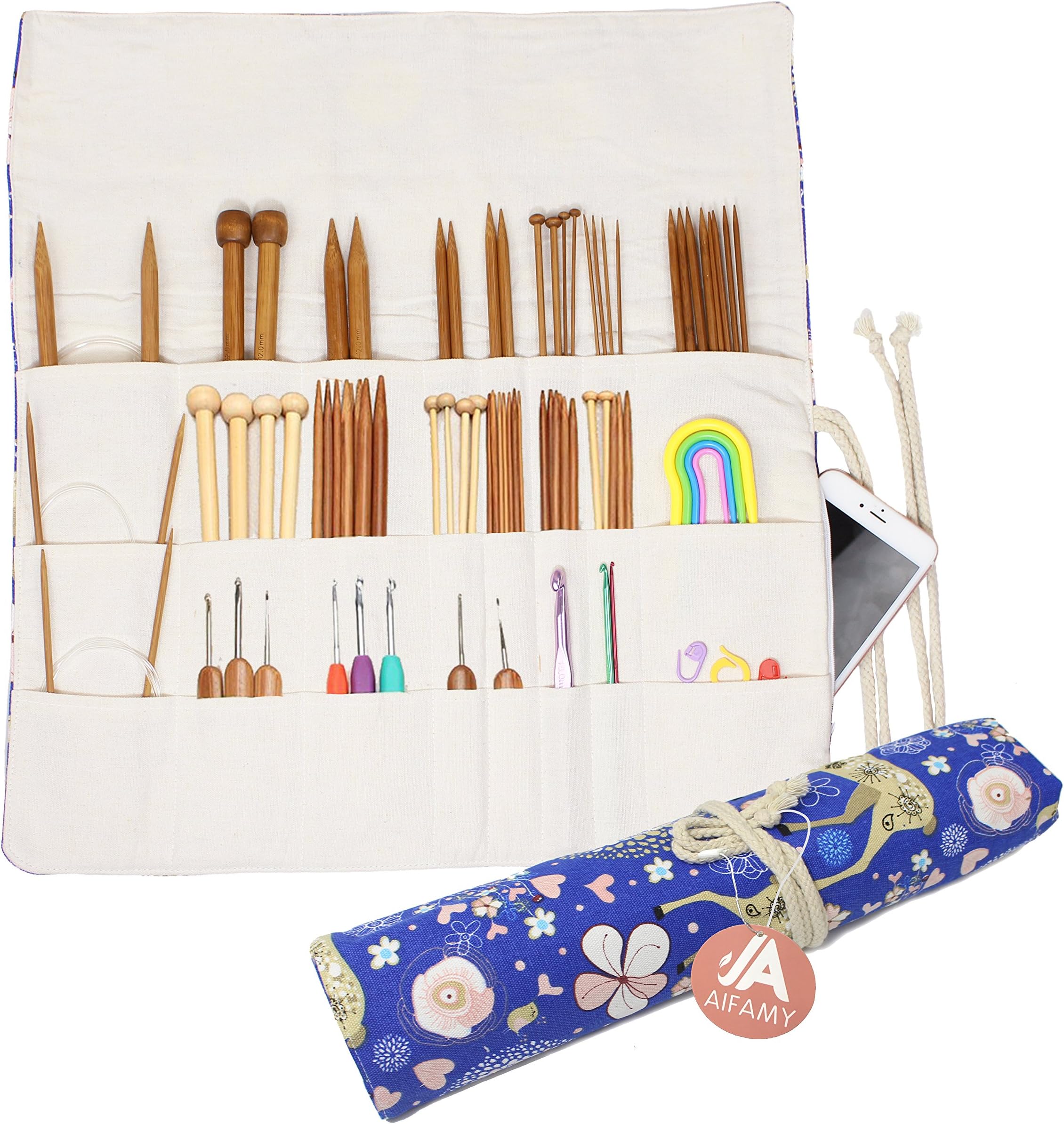 Knitting Needles Holder Case Rolling Organizer for Crochet Hooks Accessories (Blue Deer)