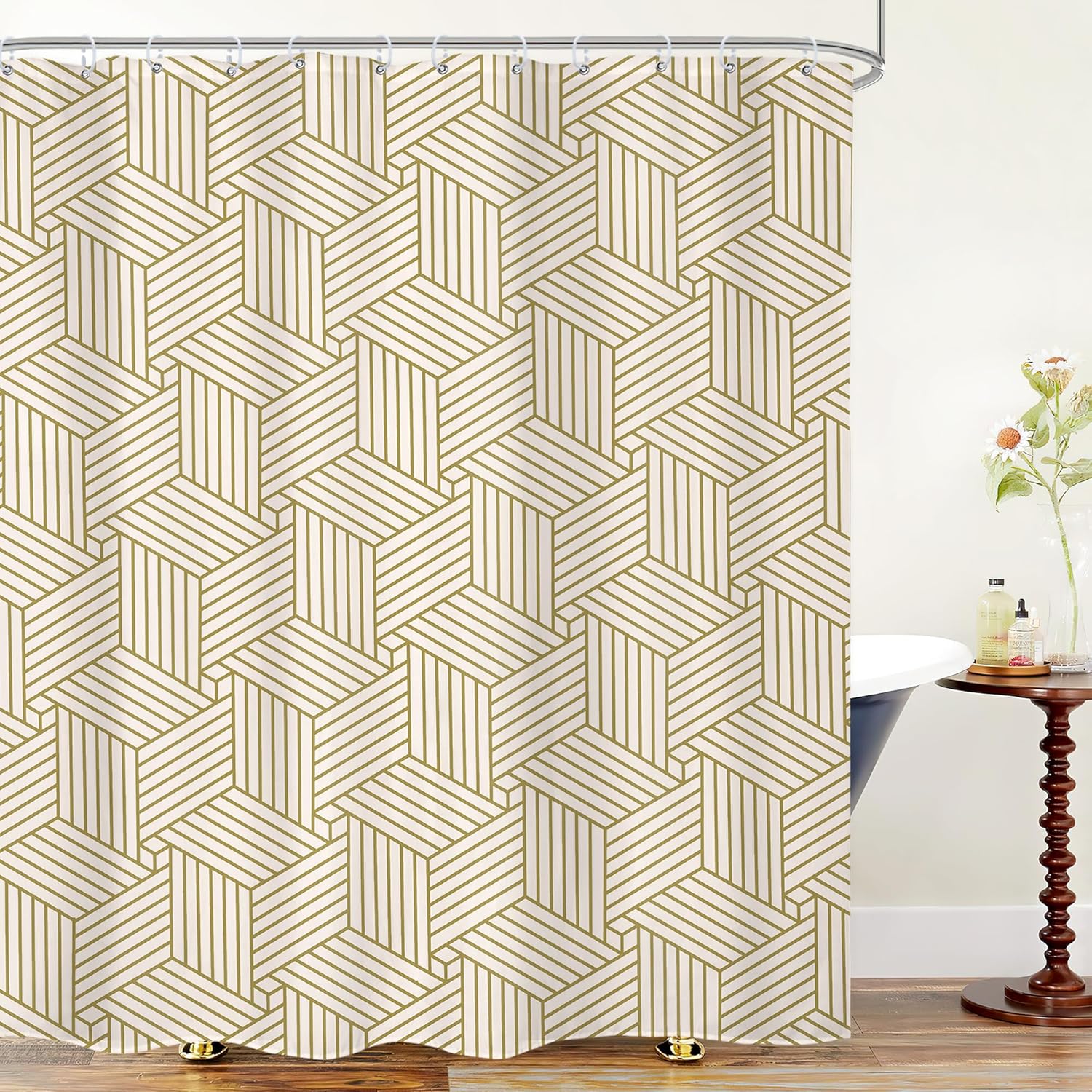 LIGHTINHOME Long Abstract Gold Geometric Shower Curtain 72Wx78H Inches Minimalist Art Printed Modern Geometry Neutral Cool Cloth Fabric Waterproof Polyester Bathroom Home Decor Set with Hooks
