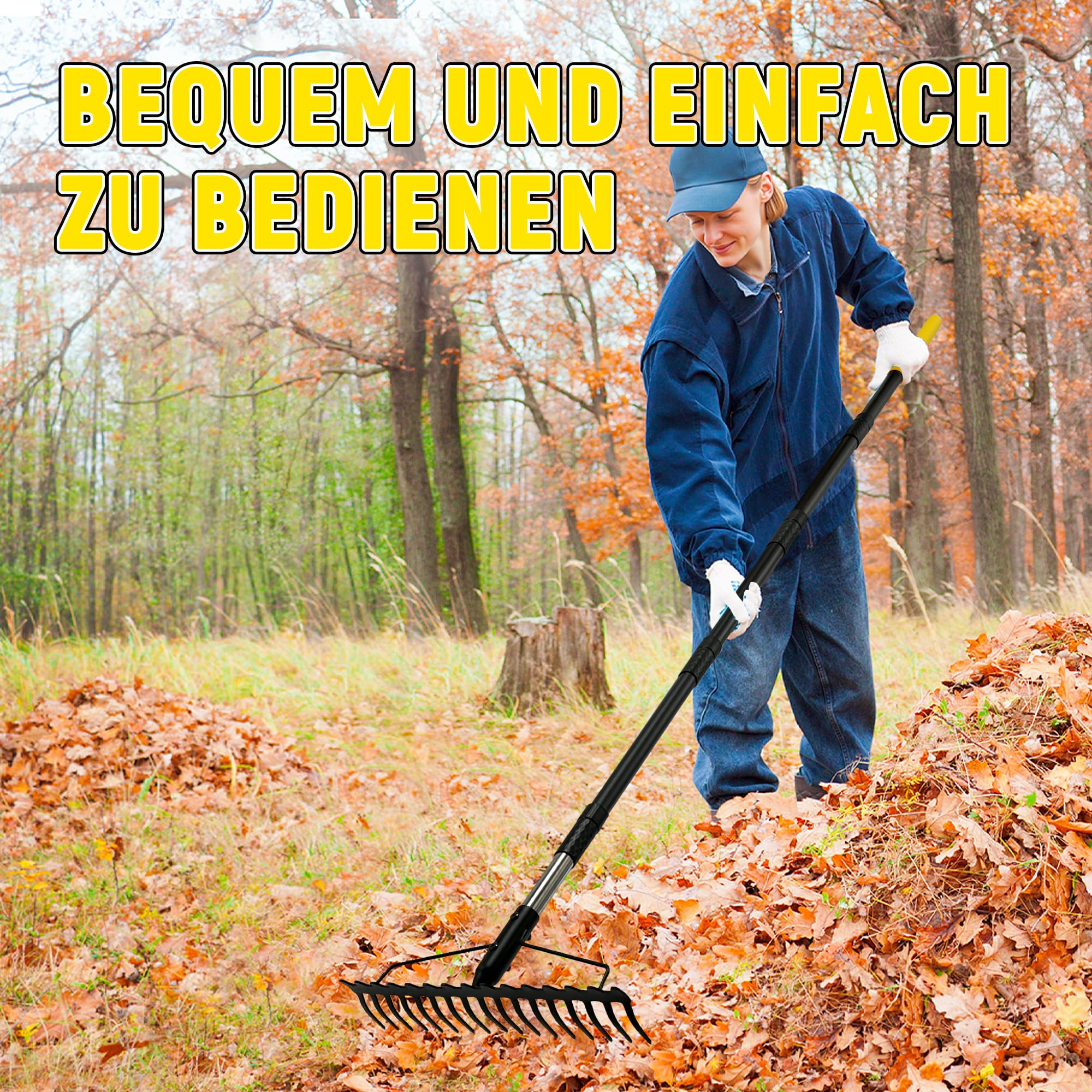 Gartenrechen, 1,7m Metallrechen mit 17 Stahlzinken, Harke mit Edelstahlgriff zum Lockern von Boden und Nivellieren von Rasen, Laubbesen, Rasenrechen, Heurechen für Rasen und Blätter