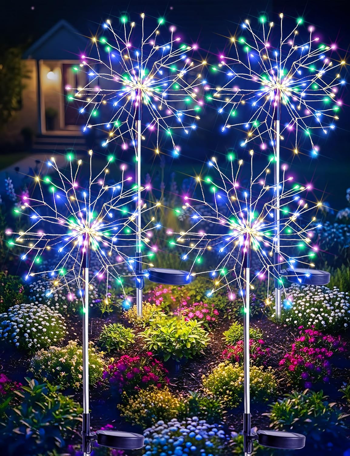 suddus Solar Garden Lights Outdoor Waterproof Decorative, 4Pack 150LED Firework Lights 8 Modes, Multicolor Solar Fairy Light for Yard, Patio, Pathway, Flowerbed Party Wedding Decor
