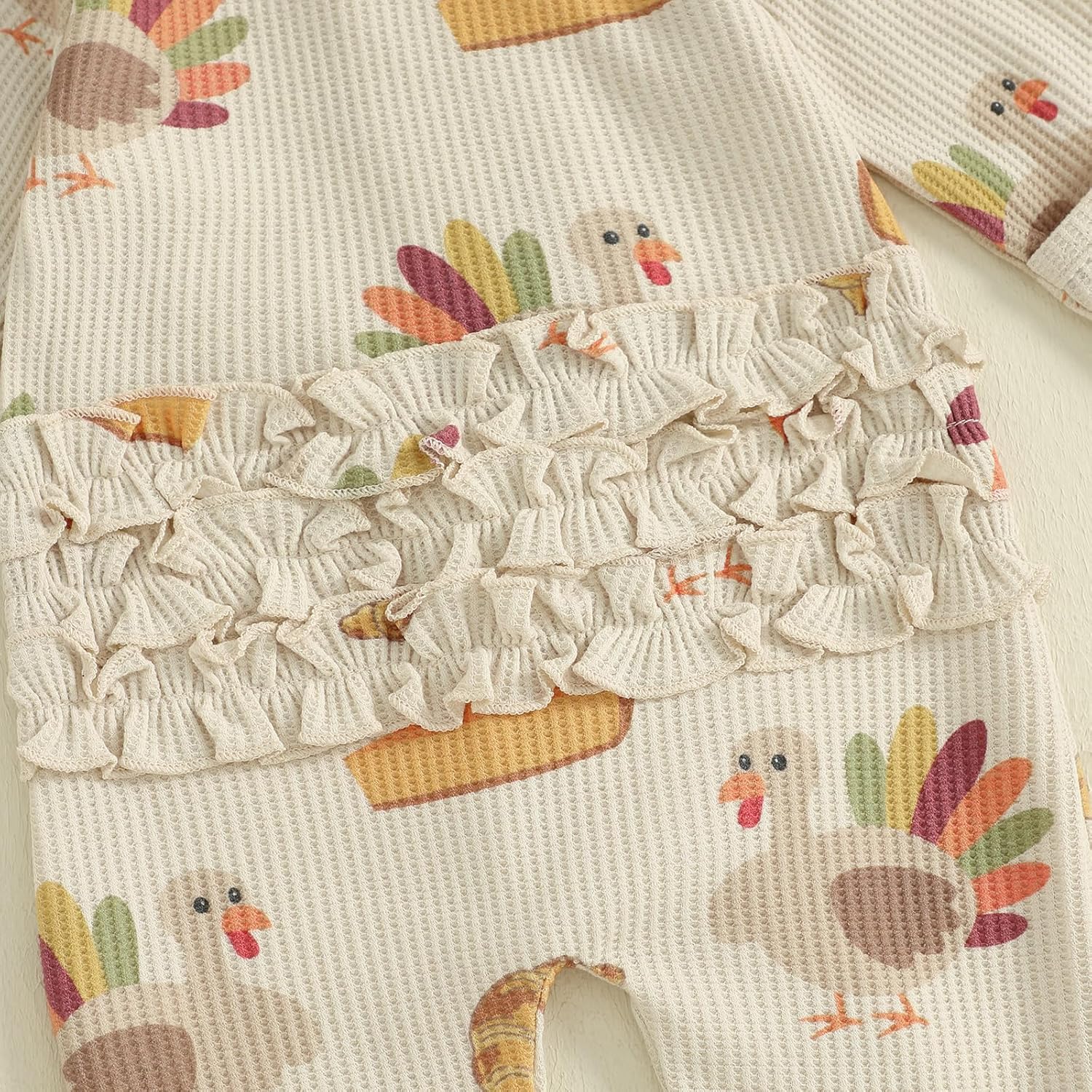 Userdefined Baby Girl Thanksgiving Outfit Ruffle Romper Turkey Rolls Print Onesie Footie Jumpsuit Fall Winter Clothes (Khaki HEADBAND, 6-12 Months) - Image 5