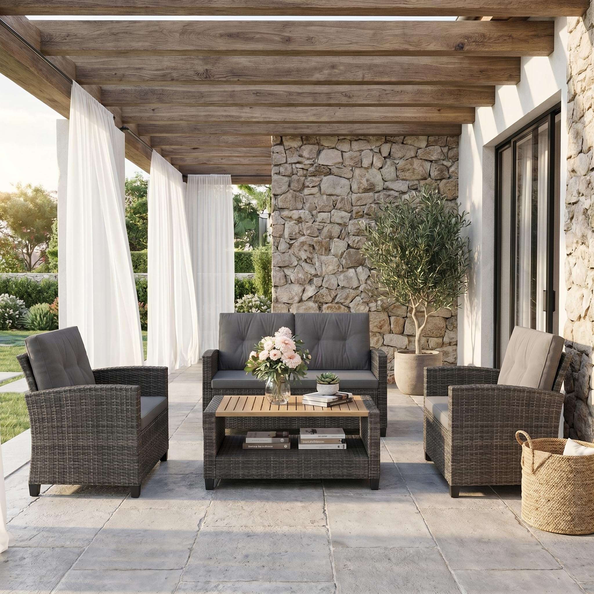 Wisteria Lane 4 Piece Patio Furniture Set, Wicker Outdoor Patio Conversation Furniture Set, All Weather Outdoor Patio Sofa with Cushion and Wood Table, Dark Gray