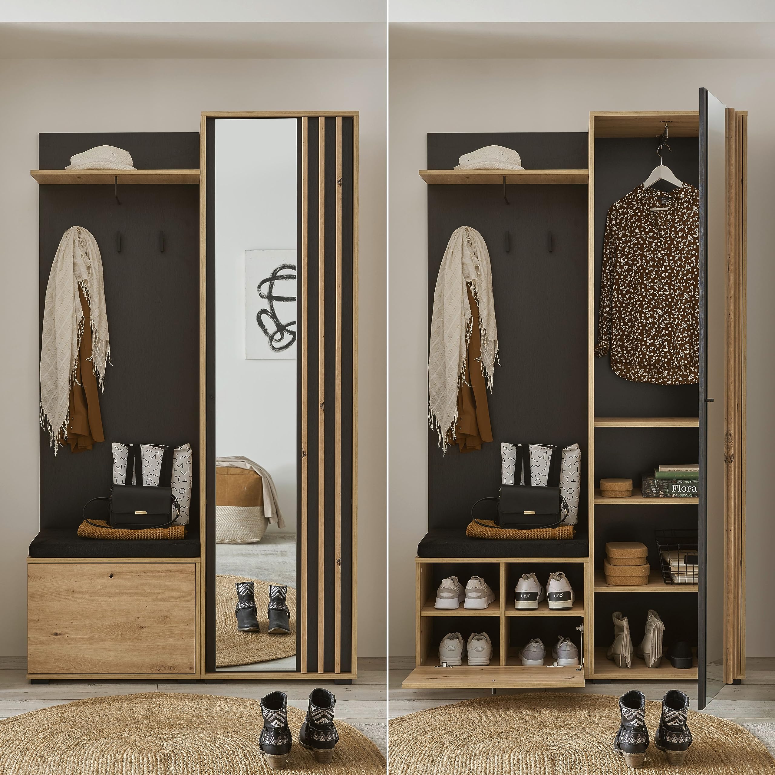 Stella Trading VOLANO Flurgarderoben Set in Artisan Eiche Optik, Schwarz - Moderne Kompaktgarderobe mit Spiegel für Ihren Eingangsbereich - 114 x 197 x 40 cm (B/H/T)